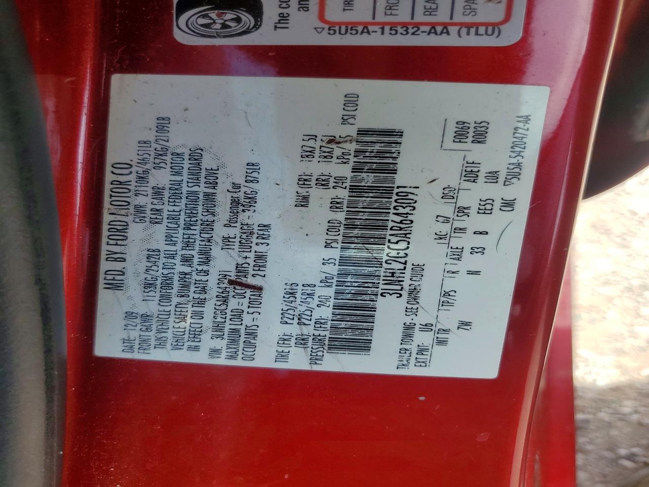 2010 Lincoln Mkz Red vin: 3LNHL2GC5AR643091