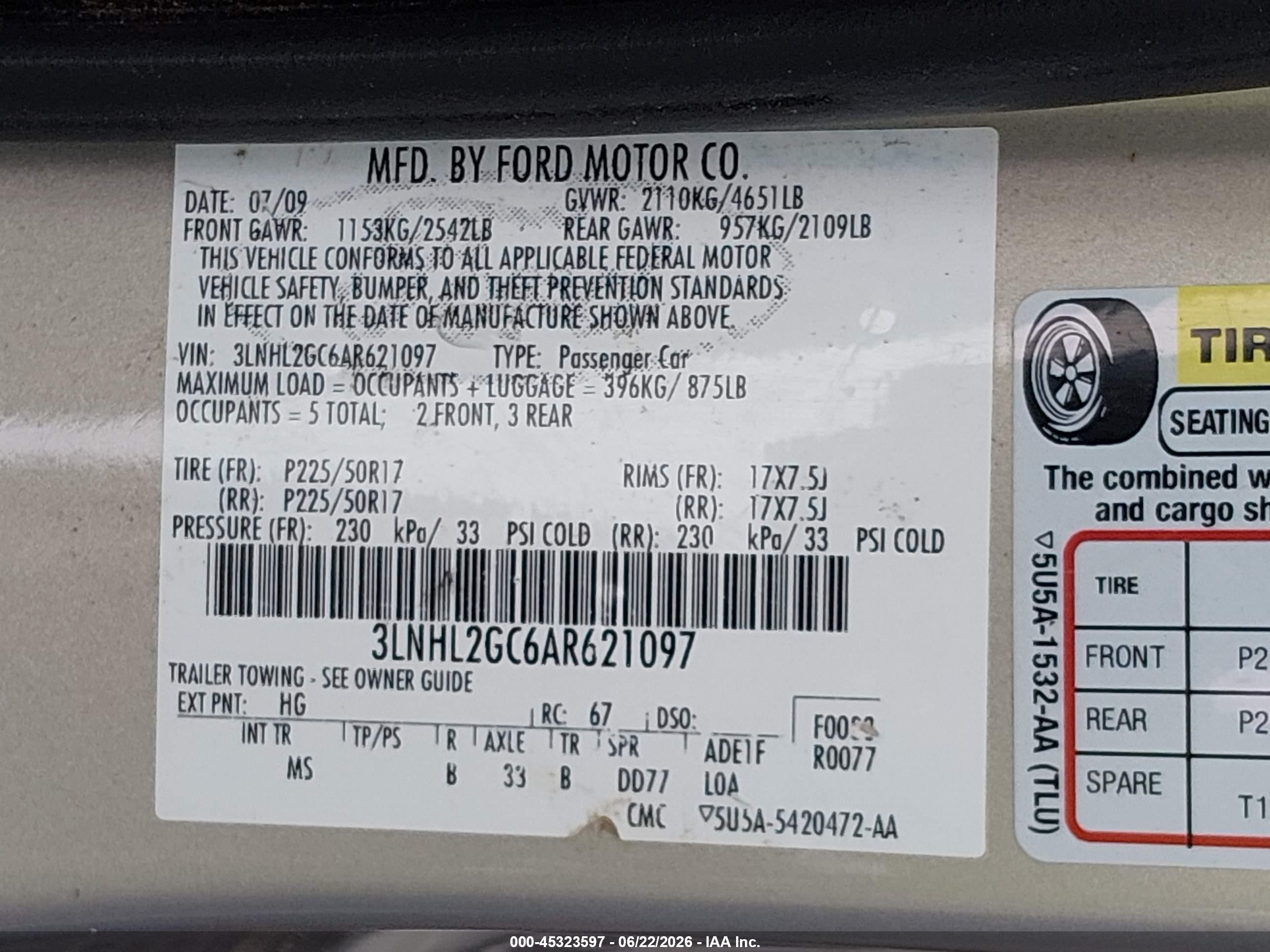 2010 Lincoln Mkz Gold vin: 3LNHL2GC6AR621097