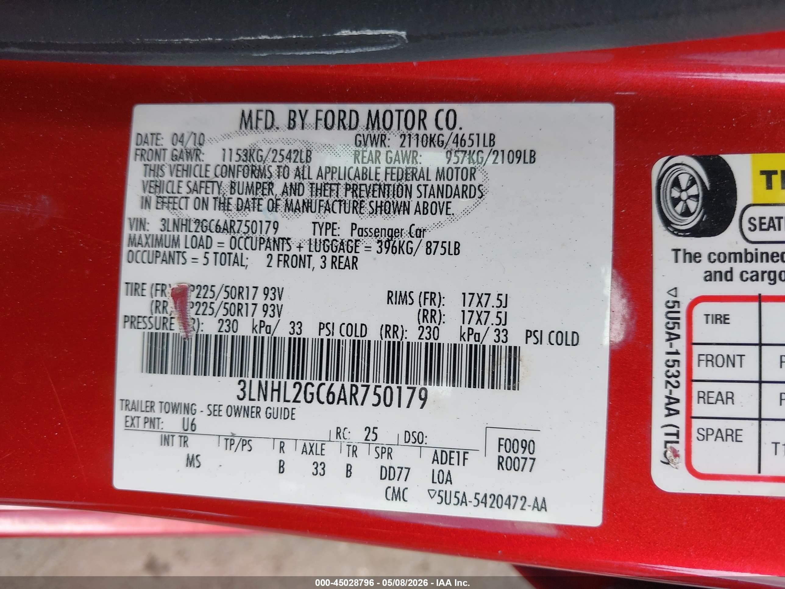 2010 Lincoln Mkz   Red vin: 3LNHL2GC6AR750179