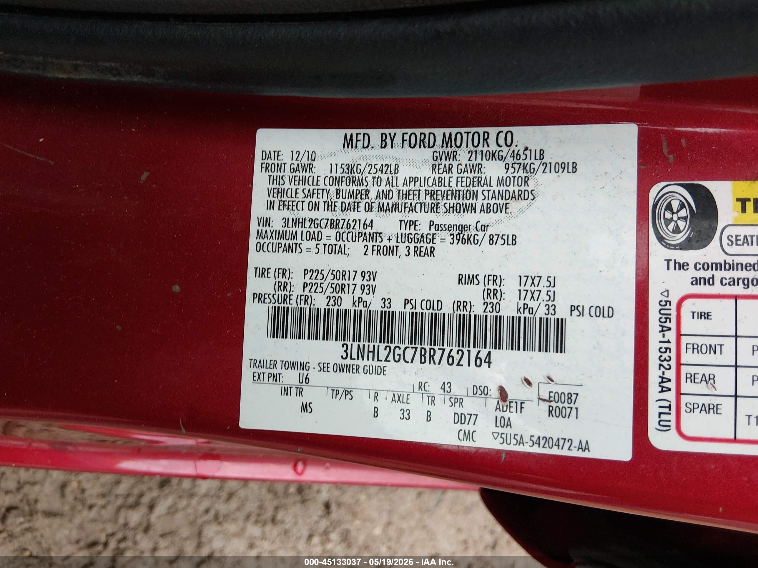 2011 Lincoln Mkz   Red vin: 3LNHL2GC7BR762164