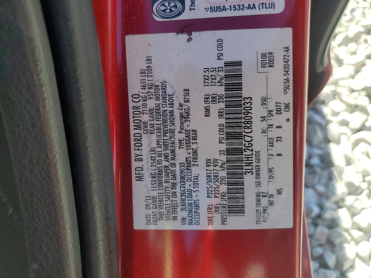 2012 Lincoln Mkz Red vin: 3LNHL2GC7CR809033