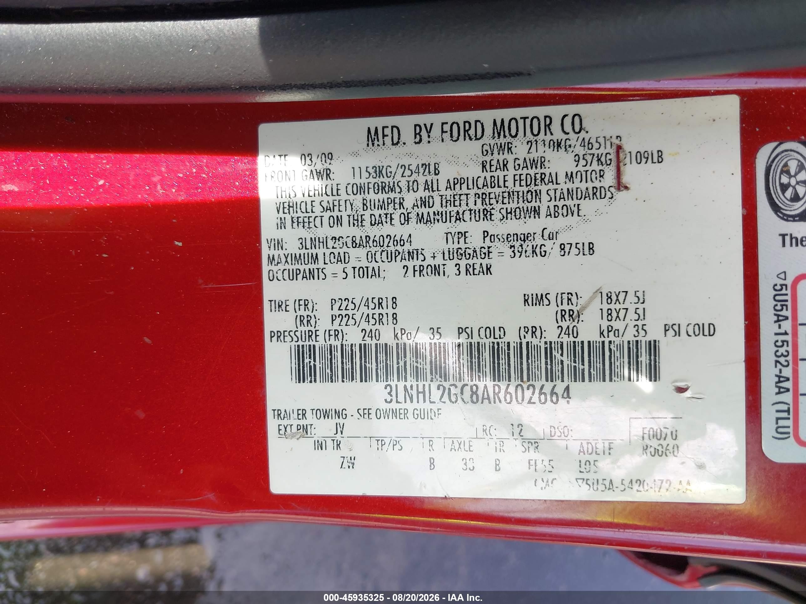 2010 Lincoln Mkz   Red vin: 3LNHL2GC8AR602664