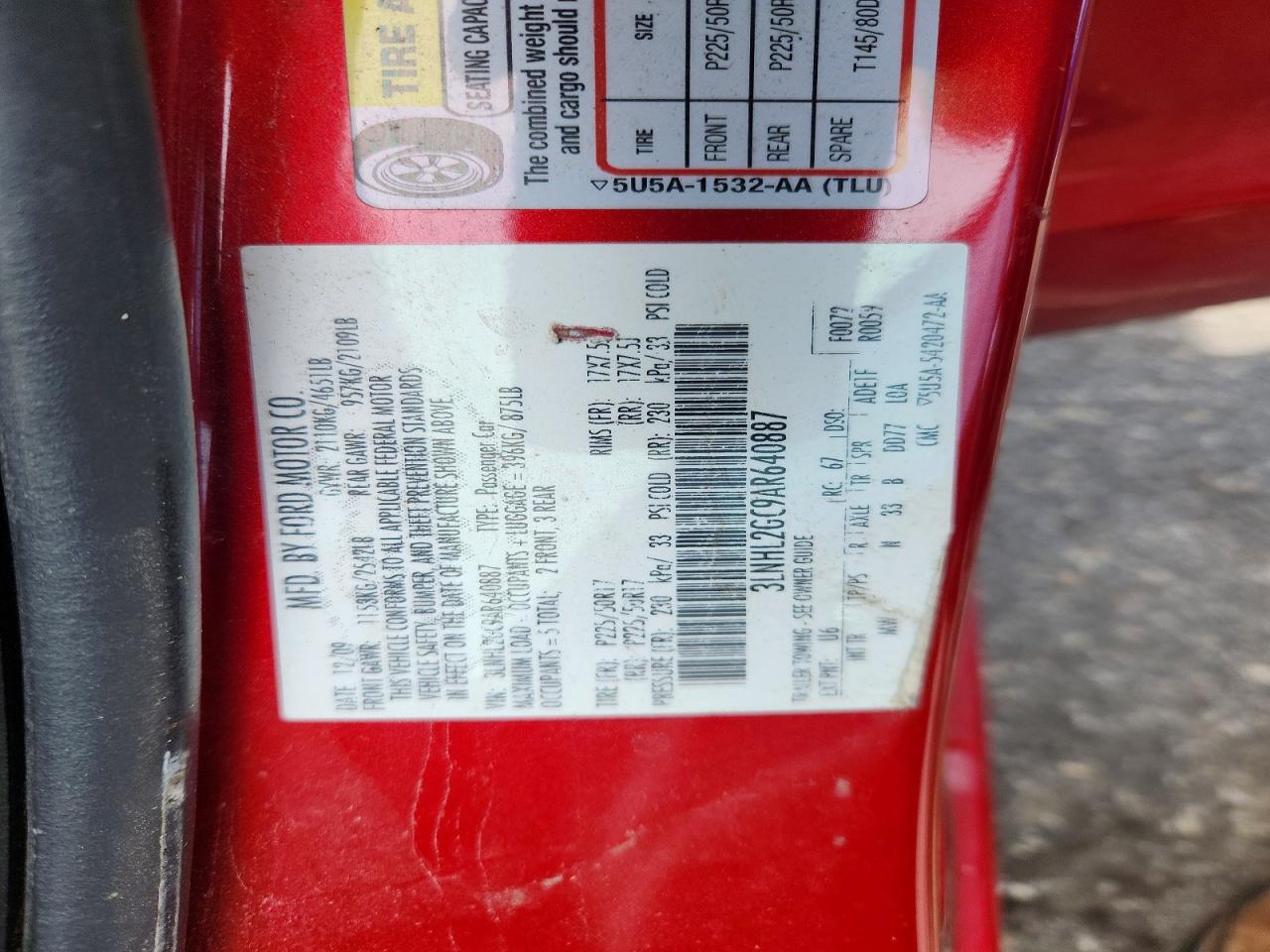2010 Lincoln Mkz Red vin: 3LNHL2GC9AR640887