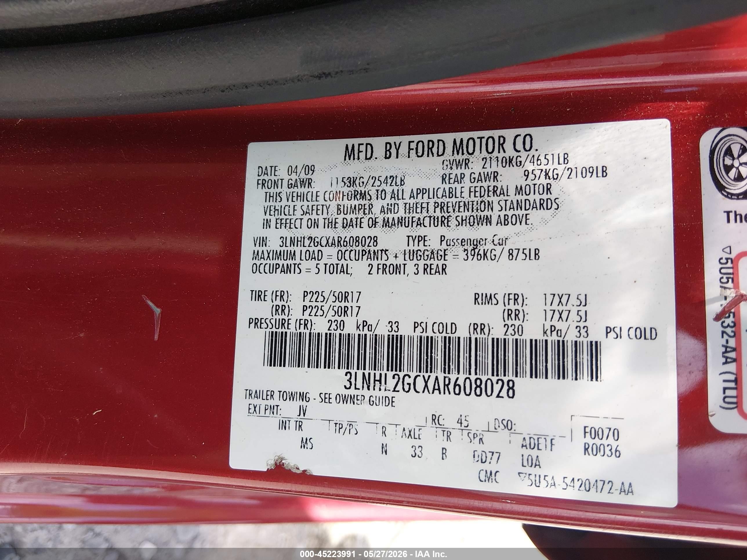 2010 Lincoln Mkz Red vin: 3LNHL2GCXAR608028
