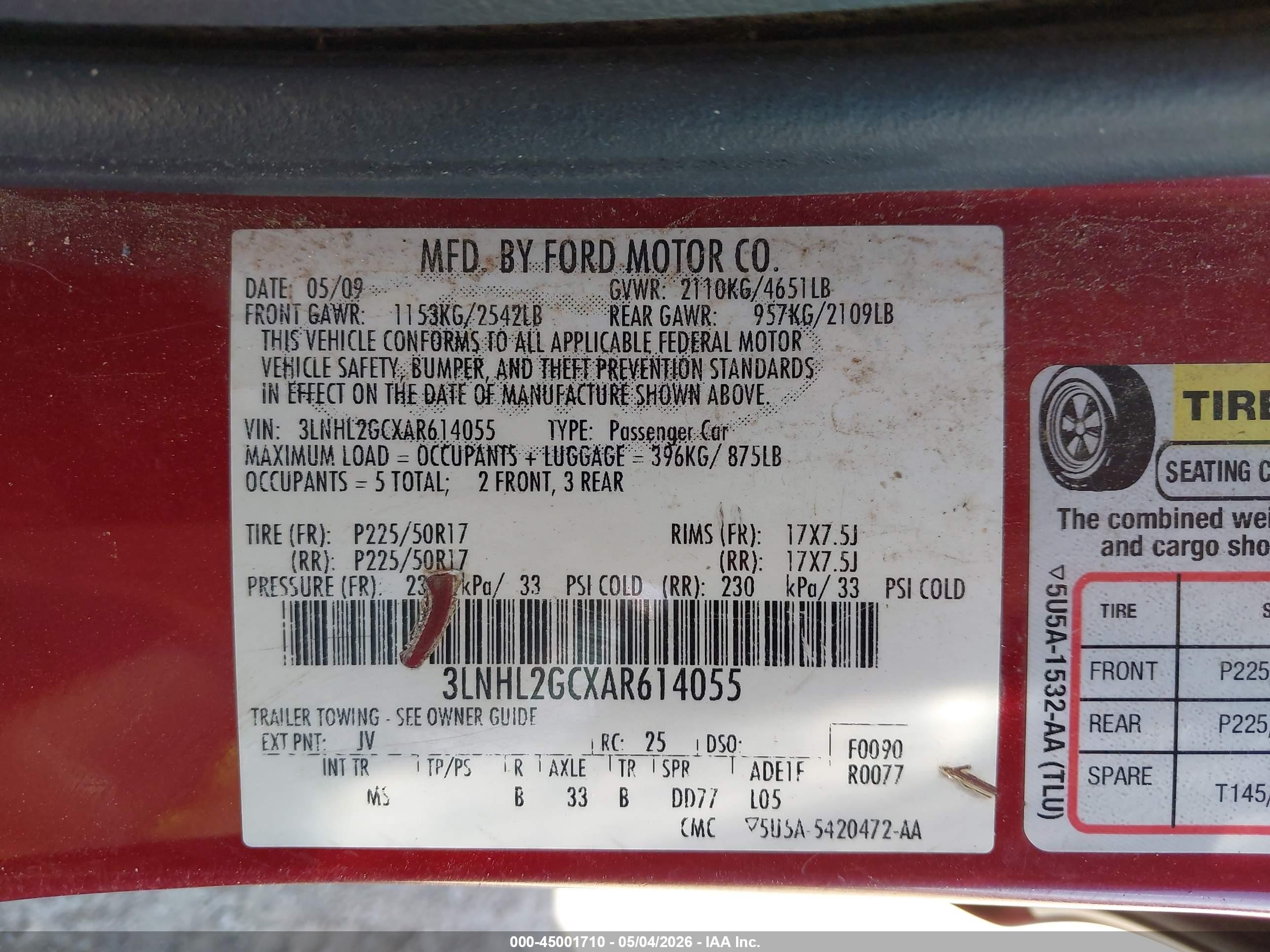 2010 Lincoln Mkz   Red vin: 3LNHL2GCXAR614055