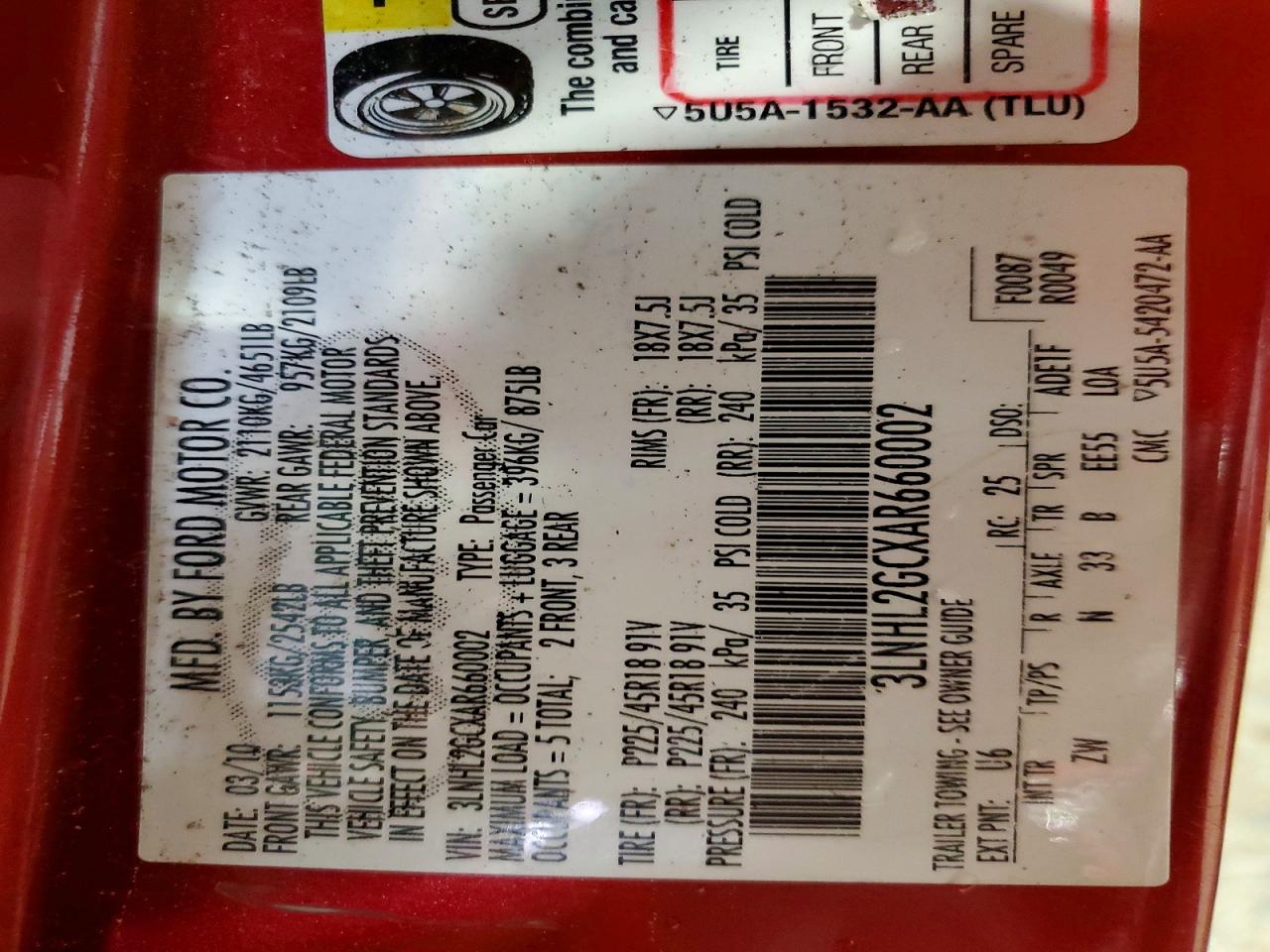 2010 Lincoln Mkz Red vin: 3LNHL2GCXAR660002