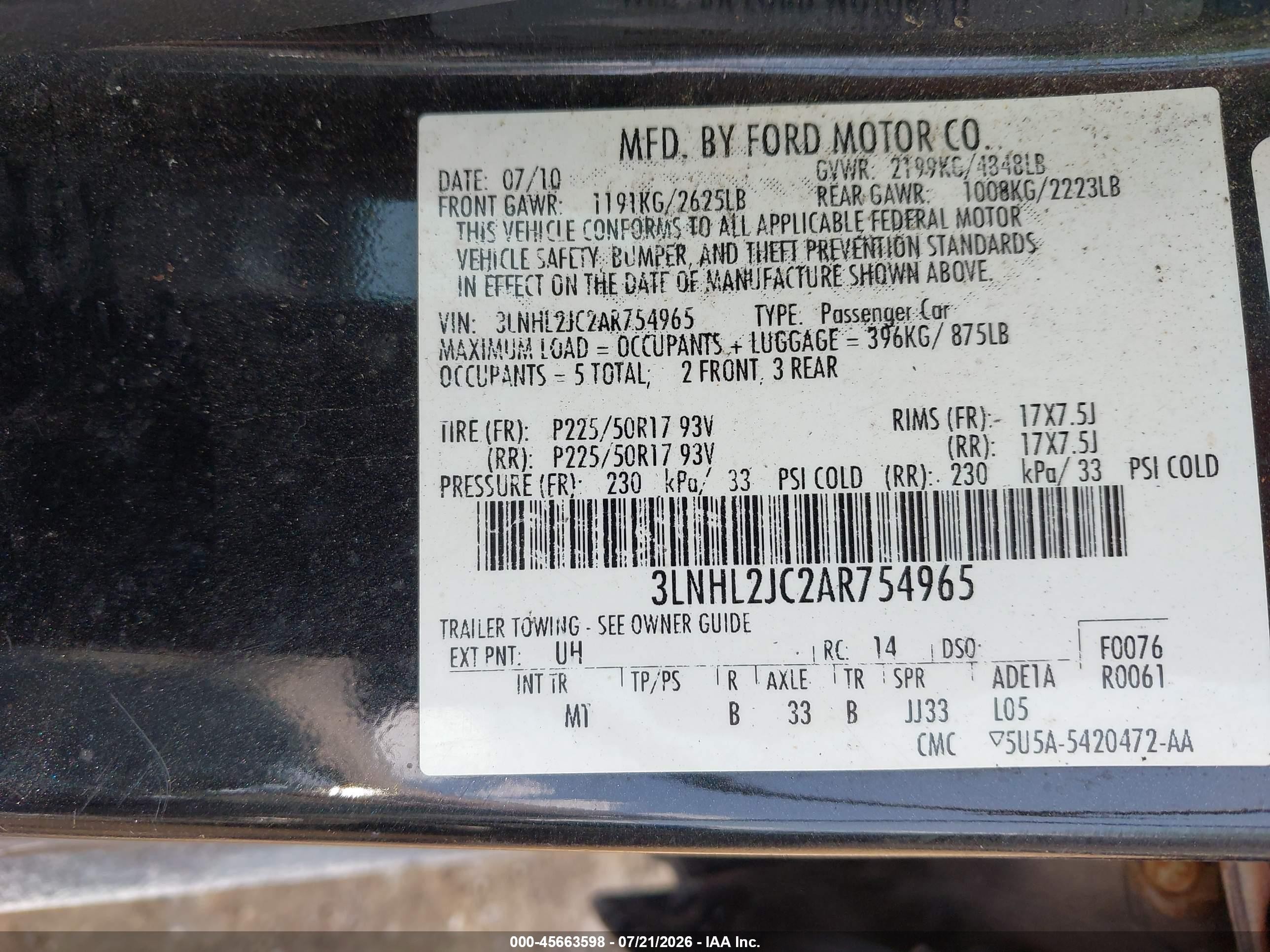 2010 Lincoln Mkz   Black vin: 3LNHL2JC2AR754965