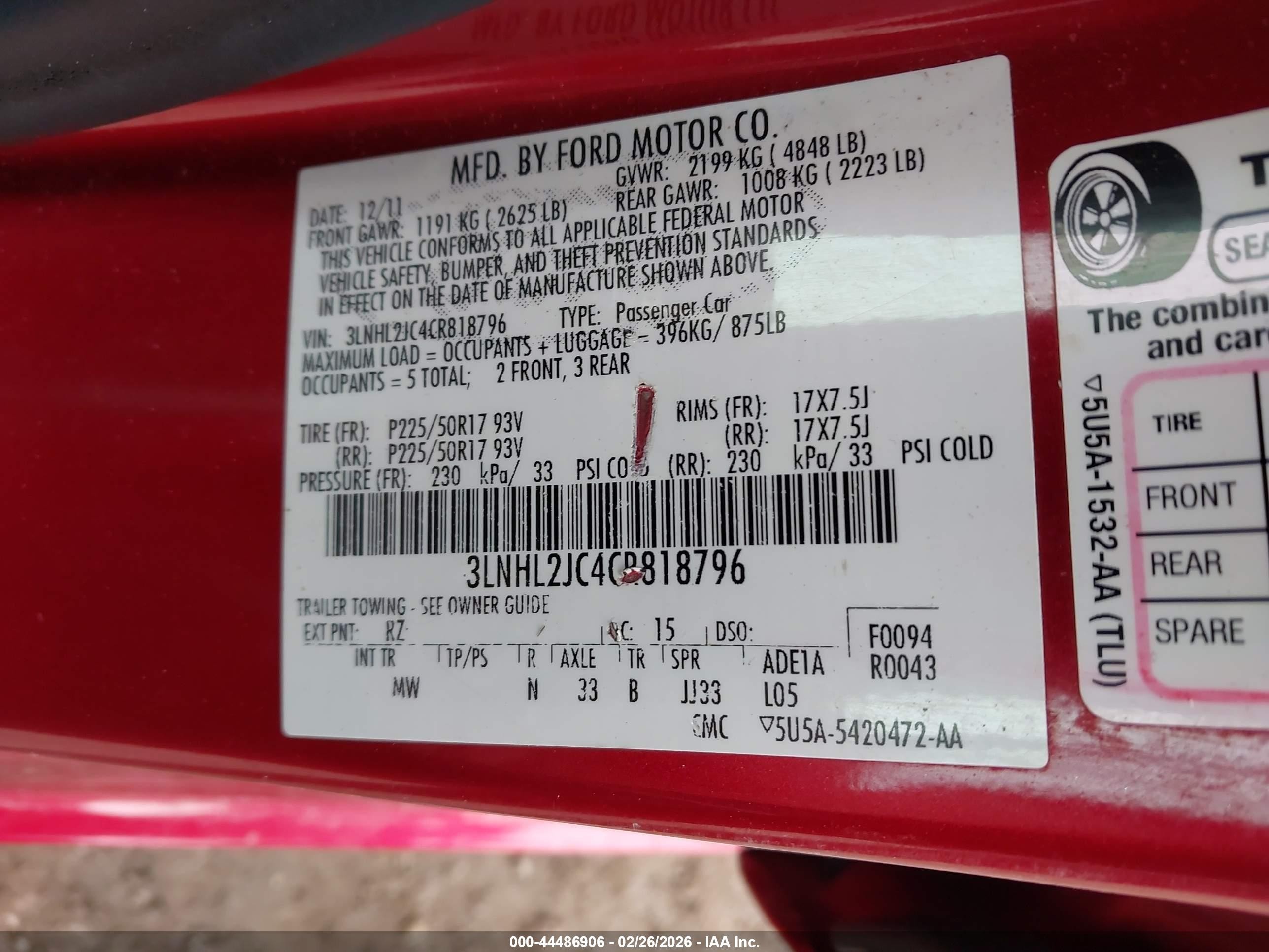 2012 Lincoln Mkz   Red vin: 3LNHL2JC4CR818796