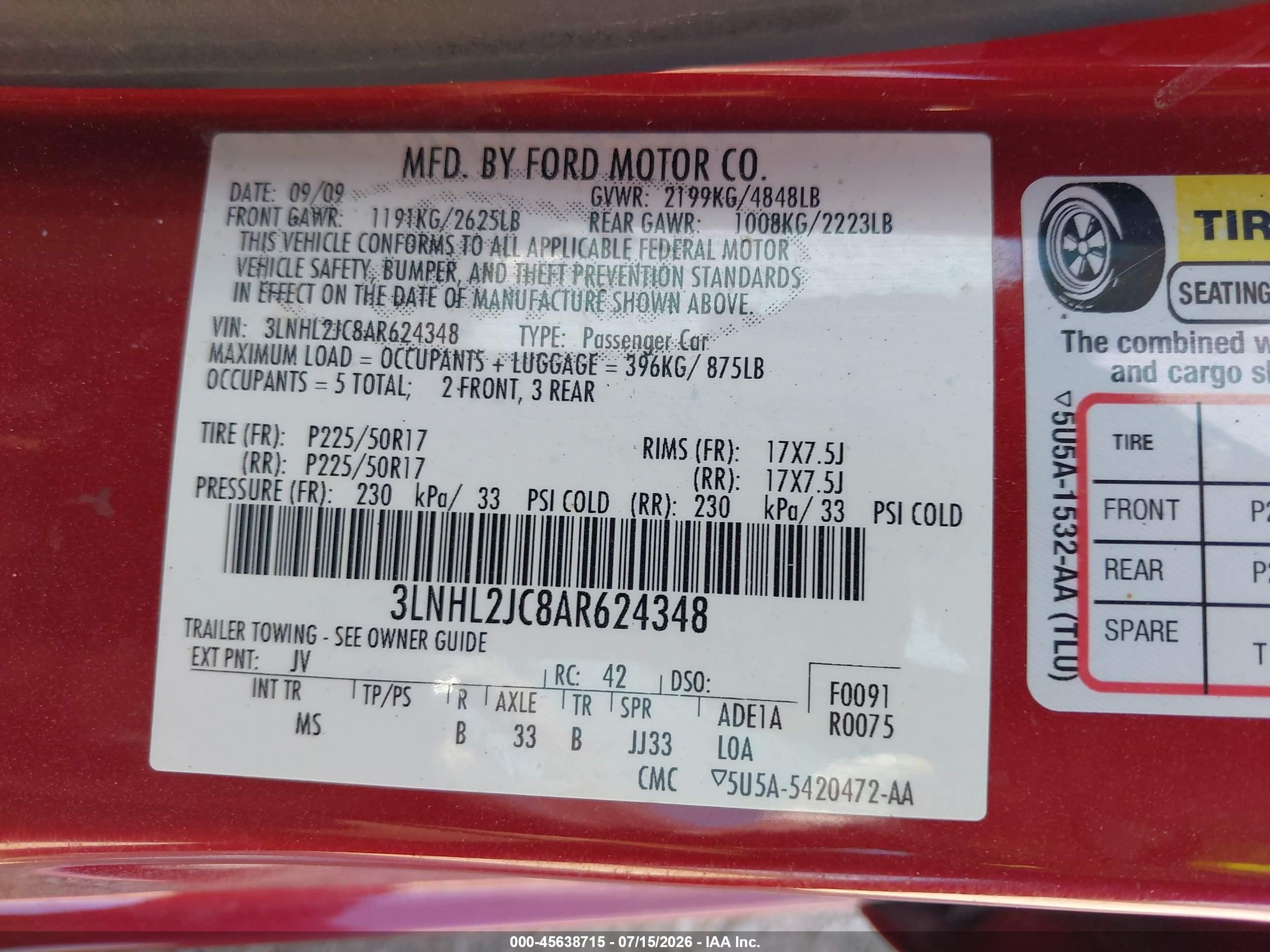2010 Lincoln Mkz   Красный vin: 3LNHL2JC8AR624348