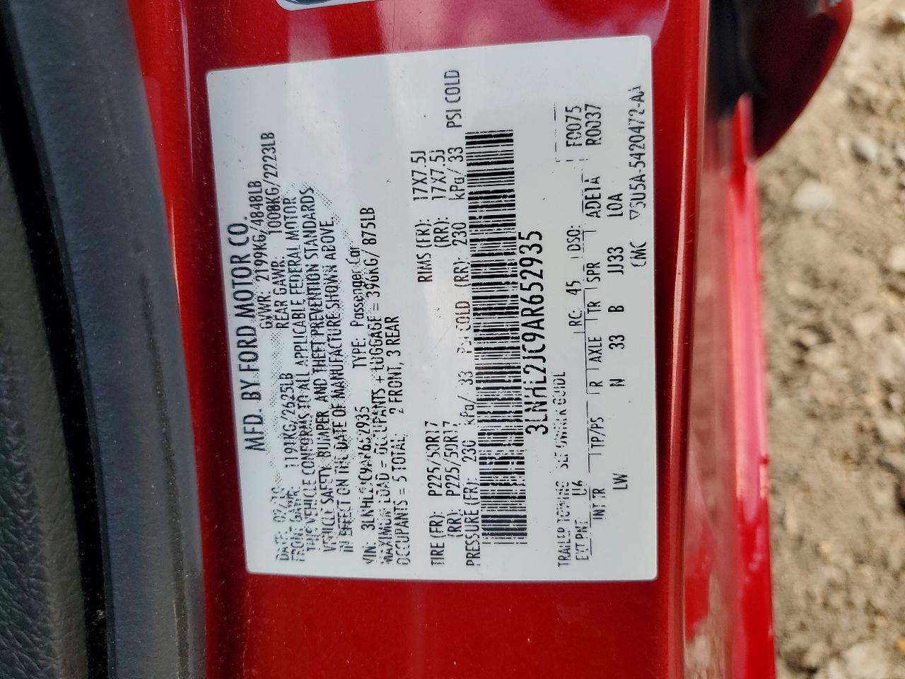 2010 Lincoln Mkz Red vin: 3LNHL2JC9AR652935