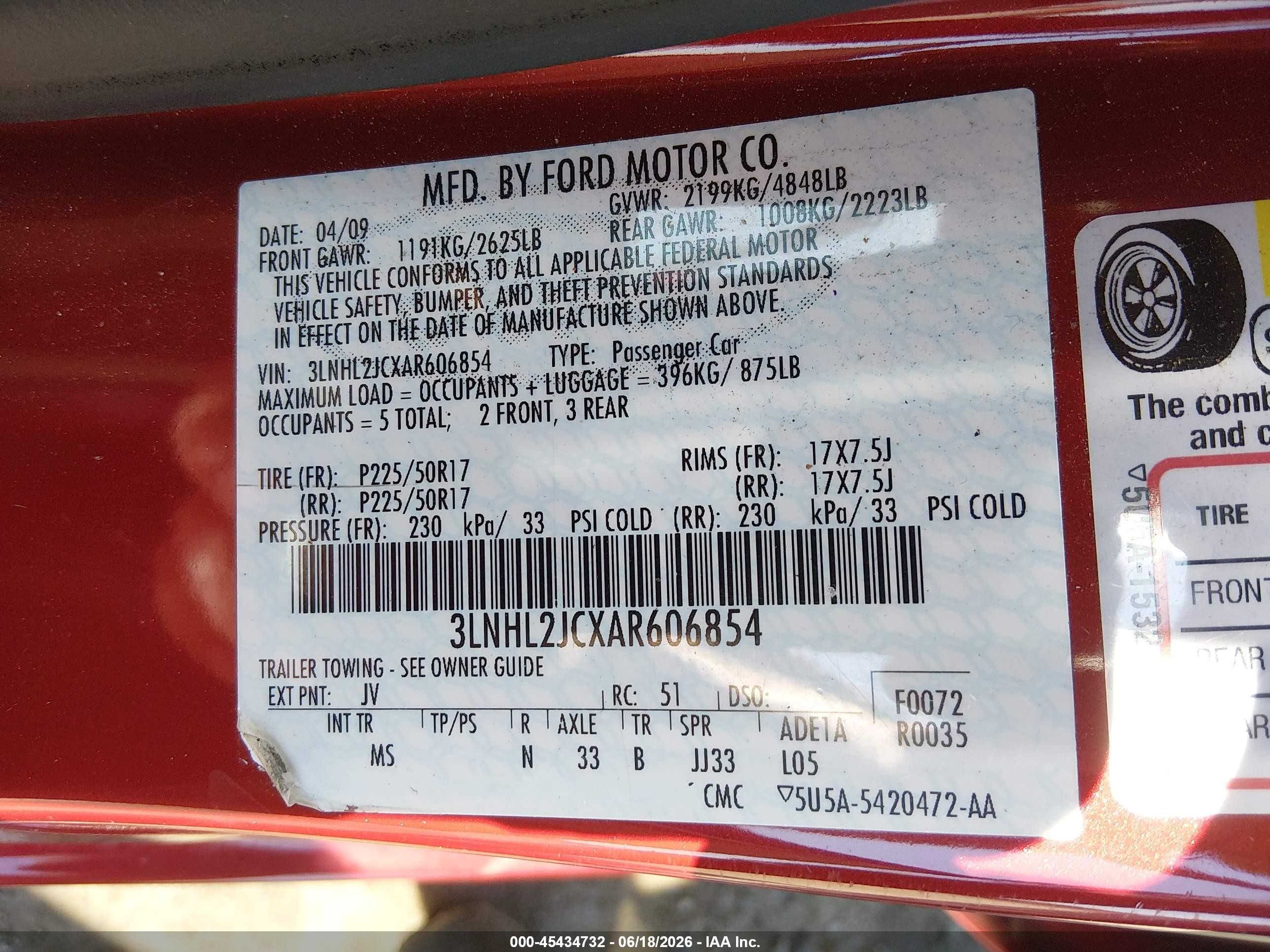 2010 Lincoln Mkz Red vin: 3LNHL2JCXAR606854
