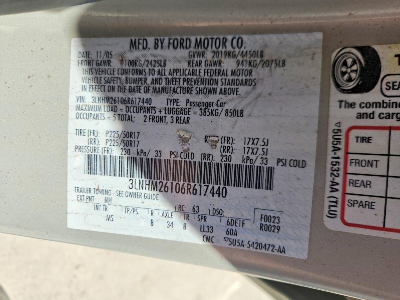 2006 Lincoln Zephyr Beige vin: 3LNHM26106R617440