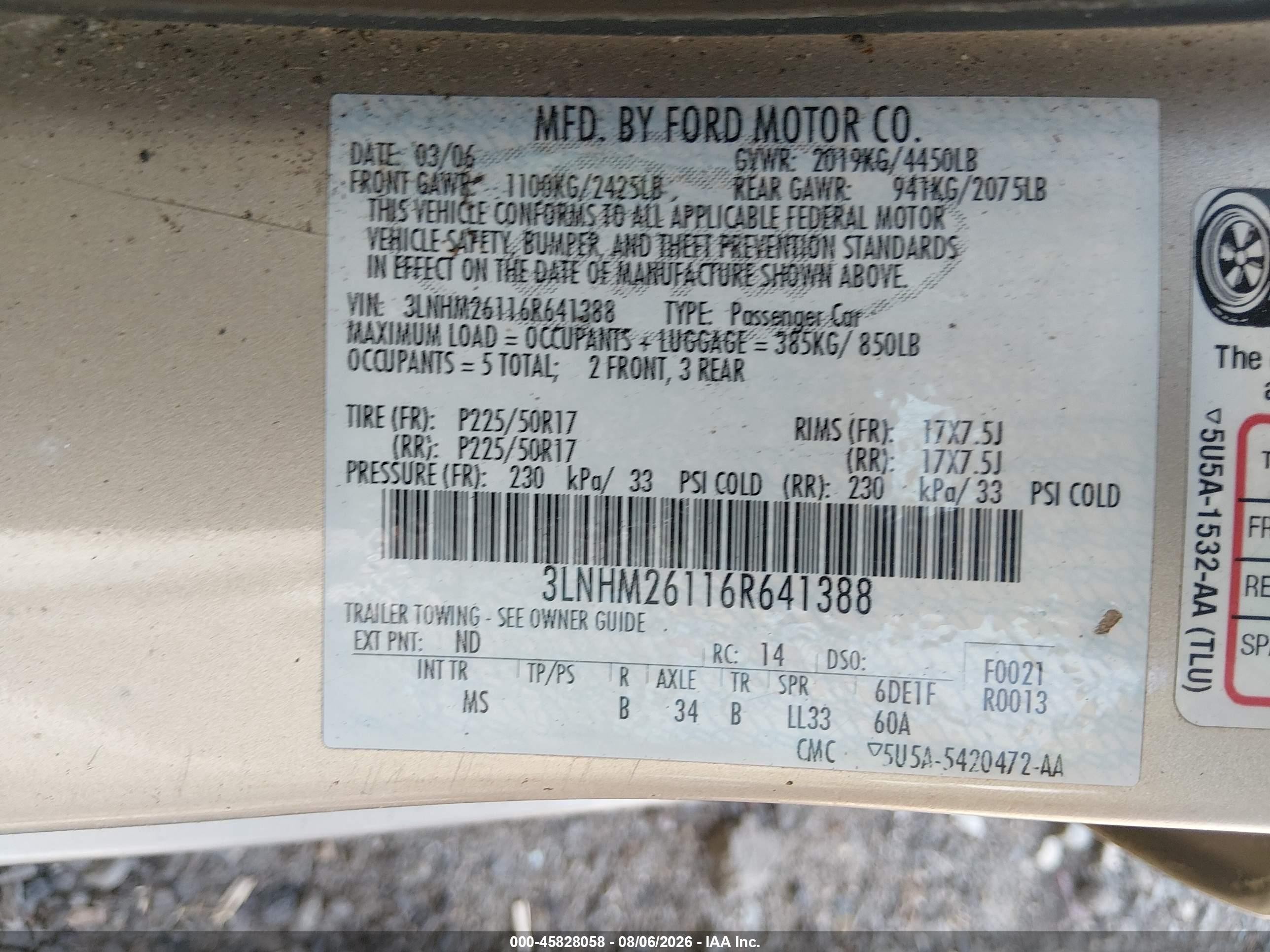 2006 Lincoln Zephyr Gold vin: 3LNHM26116R641388