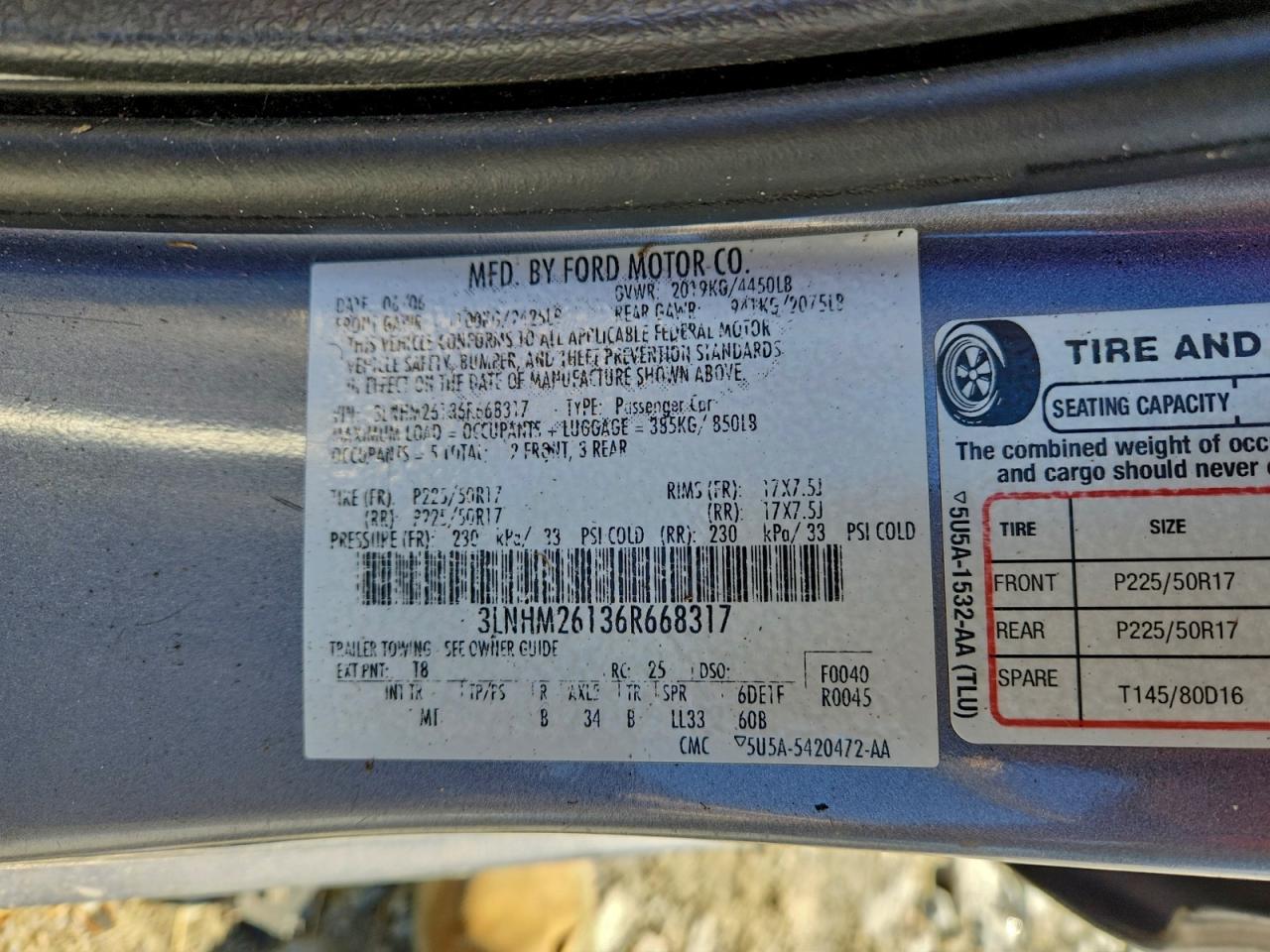 2006 Lincoln Zephyr Gray vin: 3LNHM26136R668317