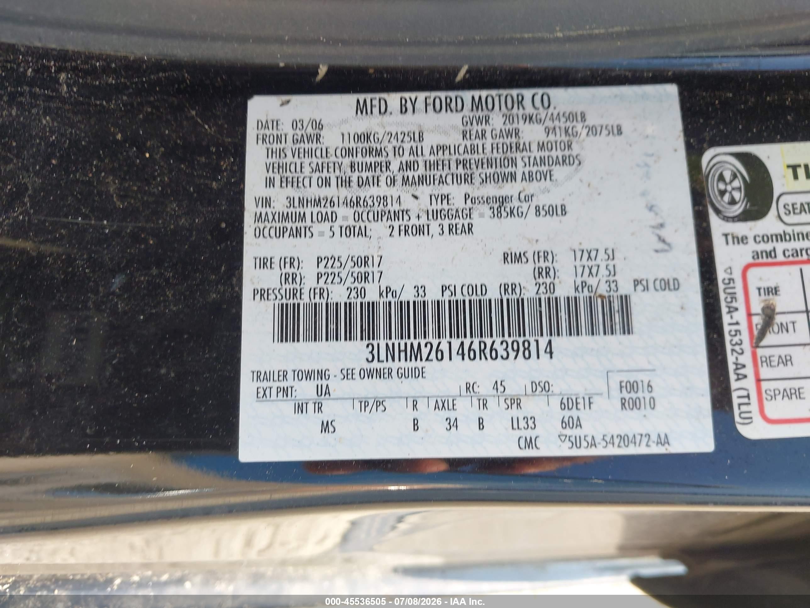 2006 Lincoln Zephyr   Black vin: 3LNHM26146R639814