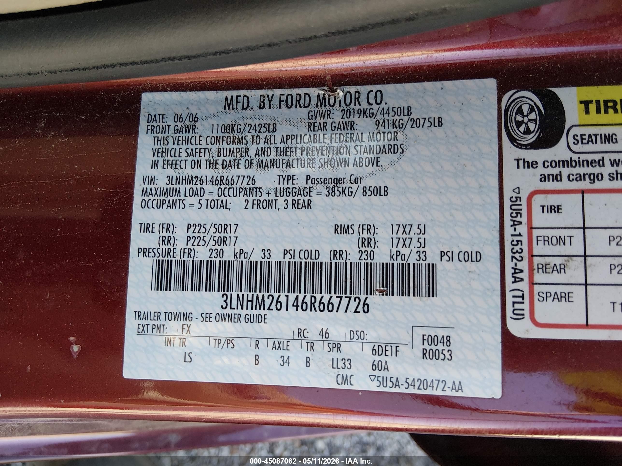 2006 Lincoln Zephyr   Red vin: 3LNHM26146R667726
