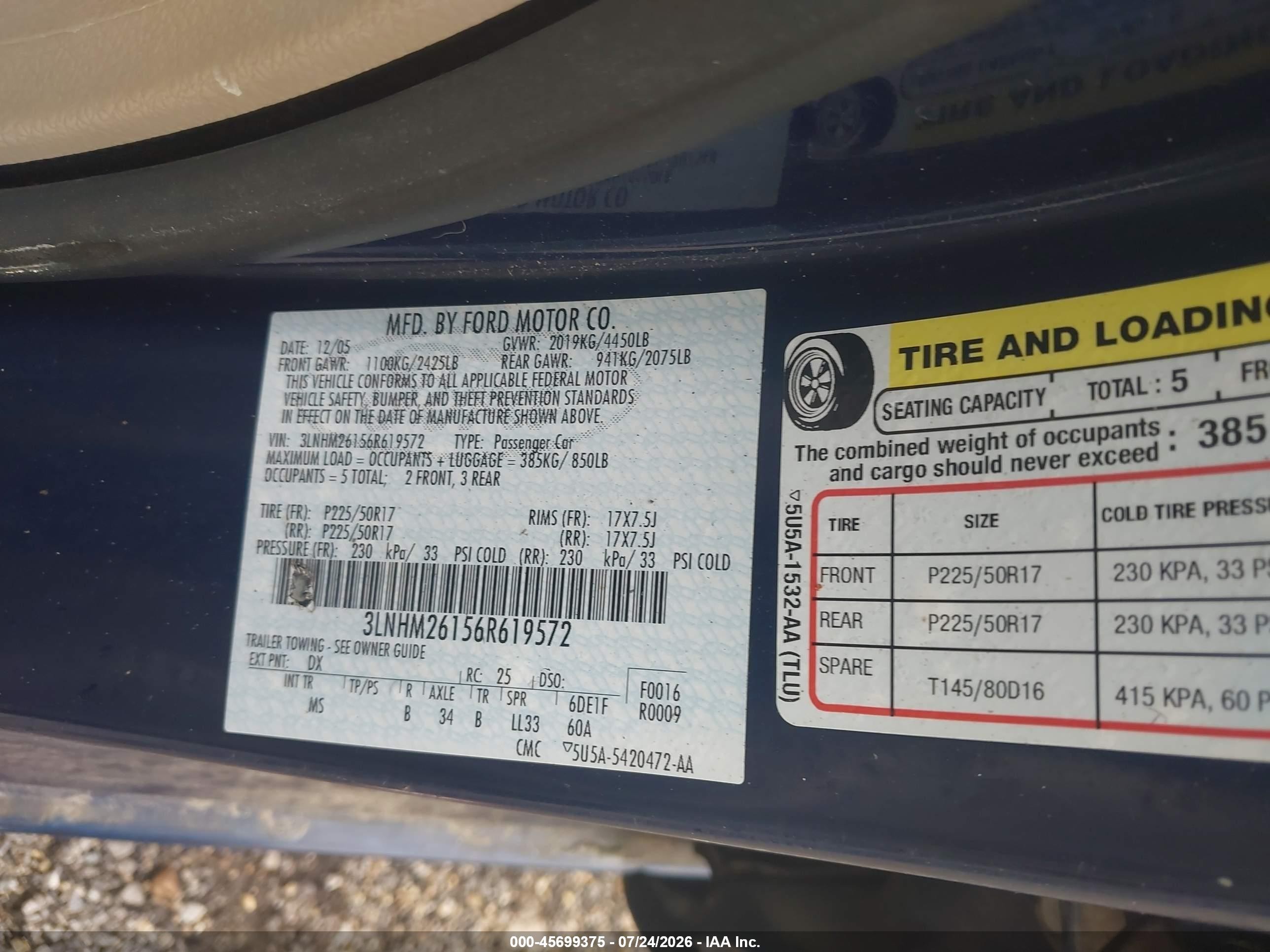 2006 Lincoln Zephyr   Blue vin: 3LNHM26156R619572