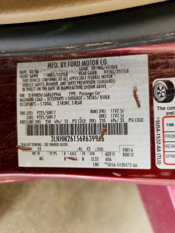 2006 Lincoln Zephyr Maroon vin: 3LNHM26156R639966