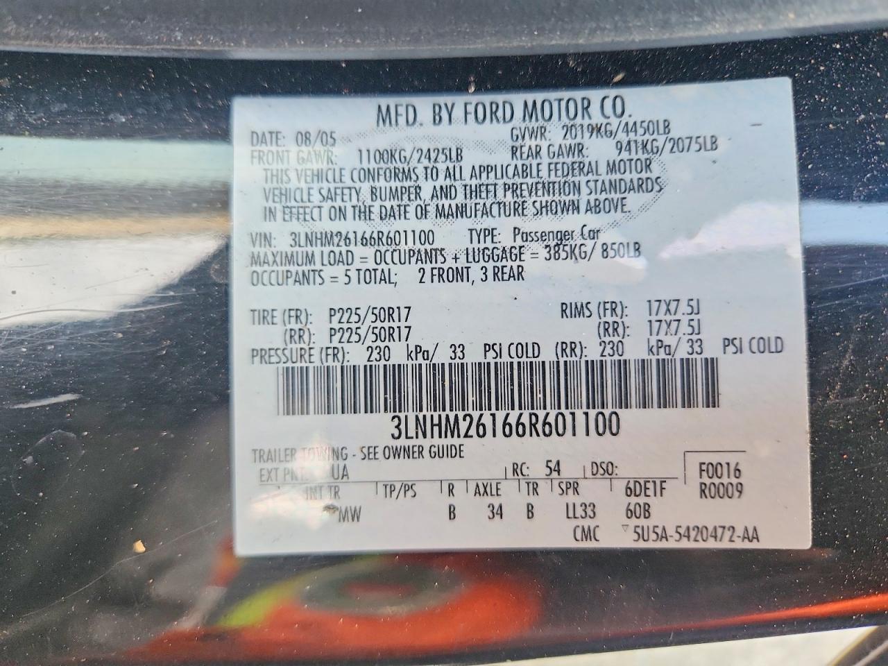 2006 Lincoln Zephyr Black vin: 3LNHM26166R601100