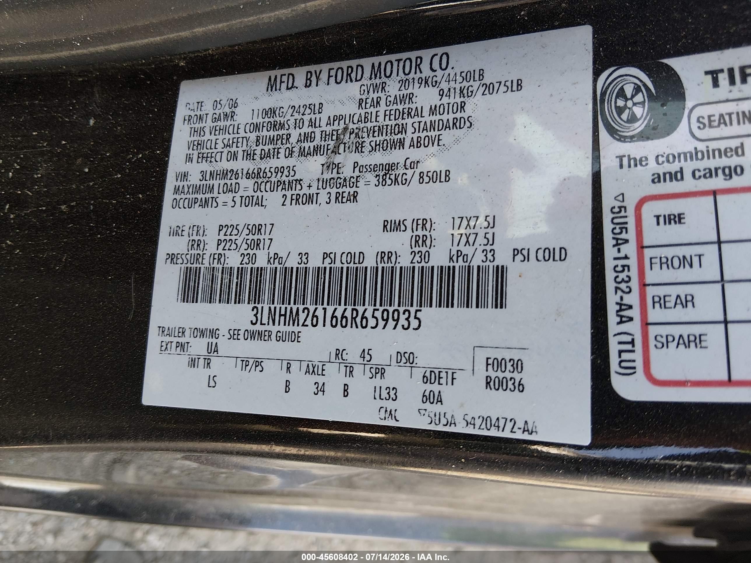 2006 Lincoln Zephyr   Черный vin: 3LNHM26166R659935
