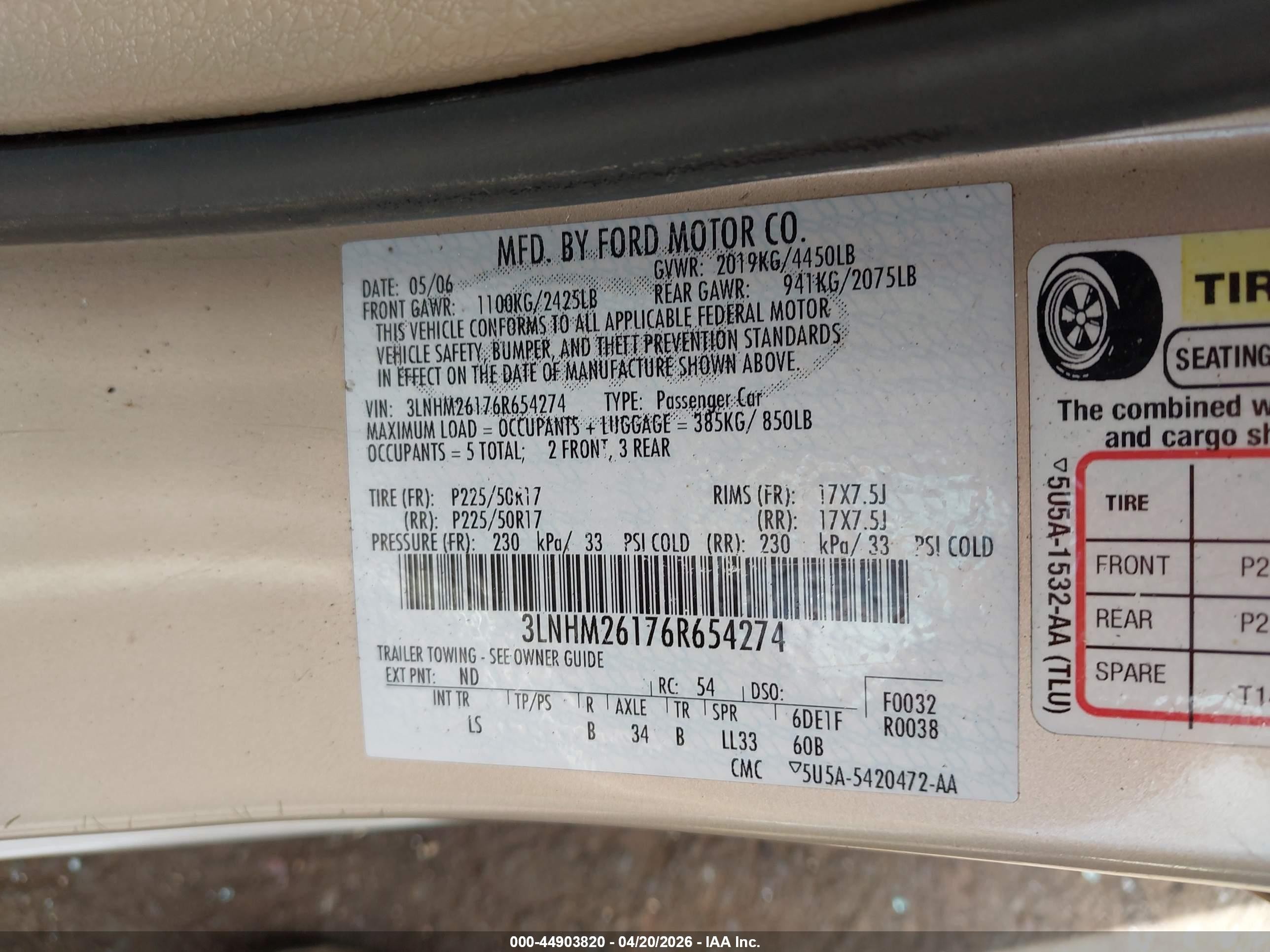 2006 Lincoln Zephyr   Gold vin: 3LNHM26176R654274