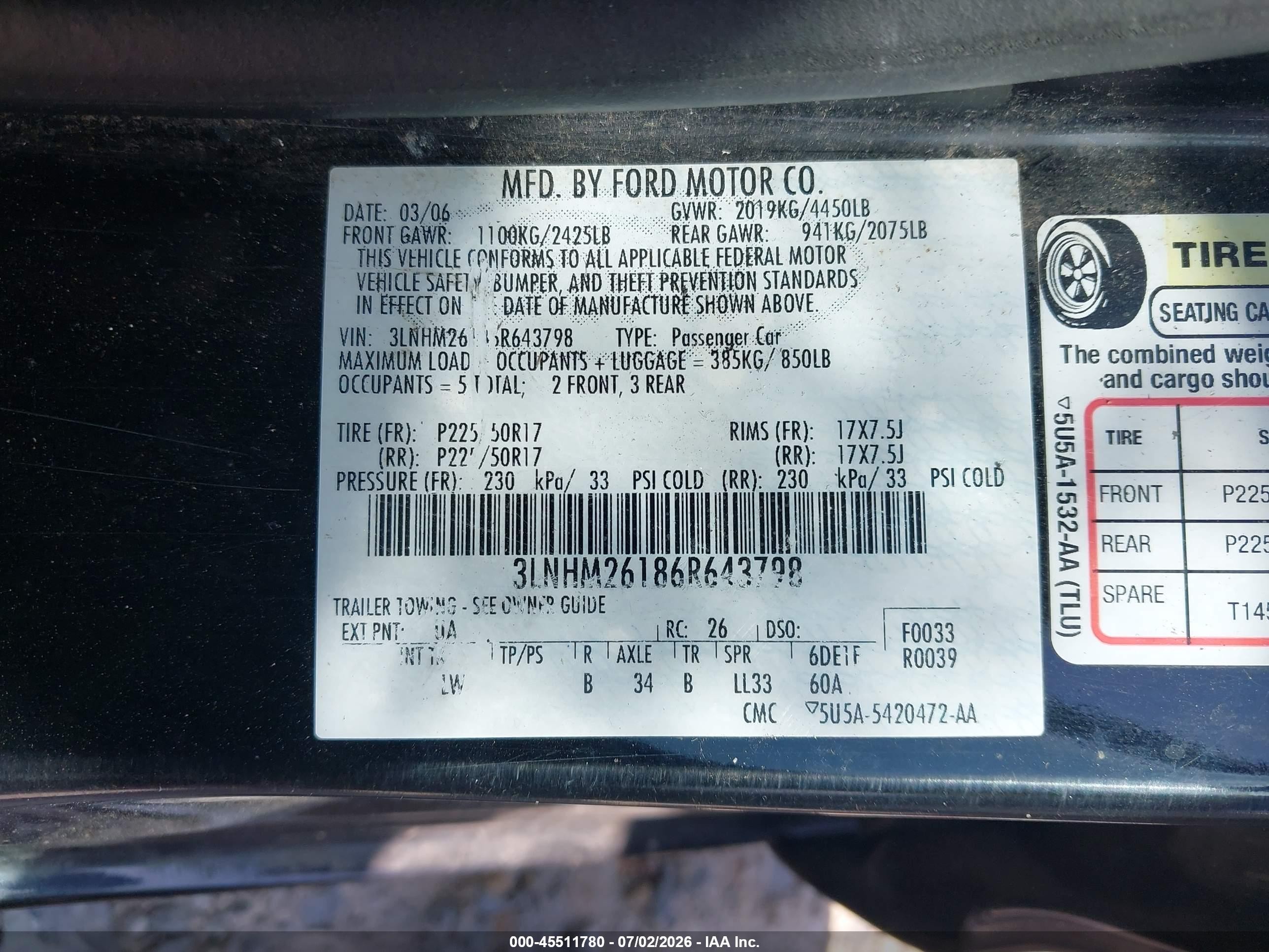 2006 Lincoln Zephyr   Black vin: 3LNHM26186R643798