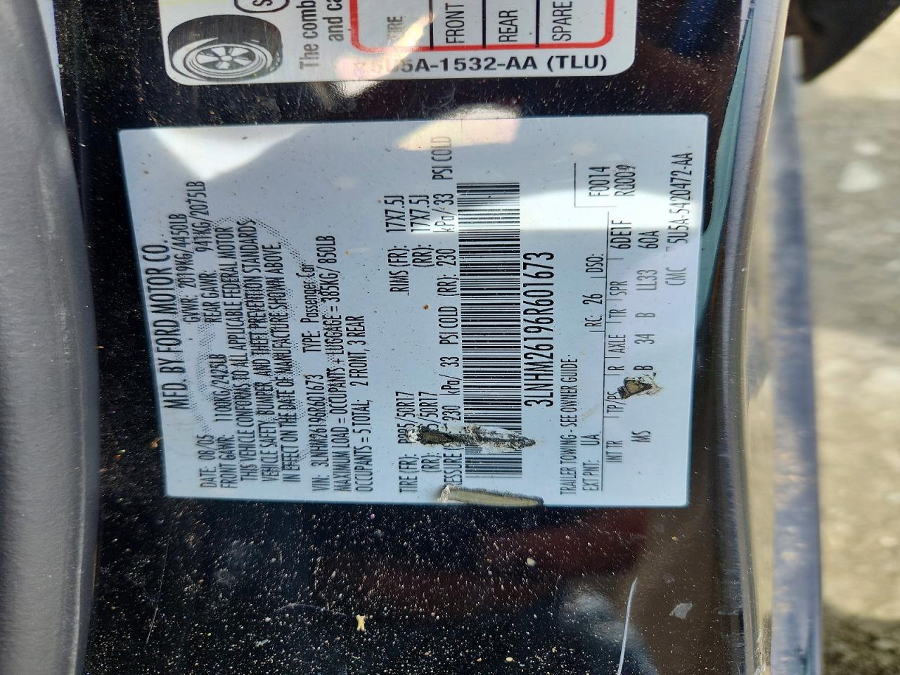 2006 Lincoln Zephyr Black vin: 3LNHM26196R601673