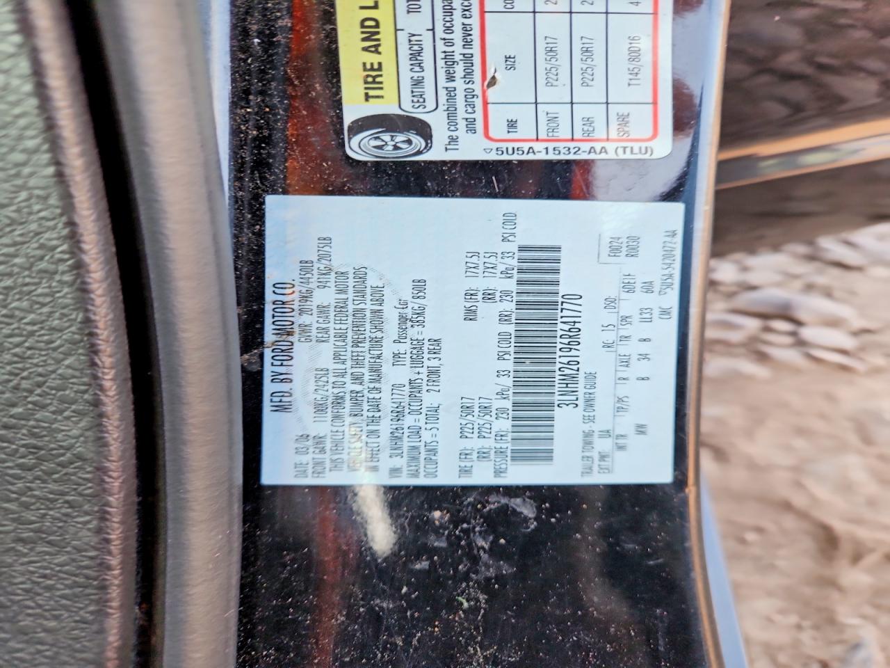 2006 Lincoln Zephyr Black vin: 3LNHM26196R641770