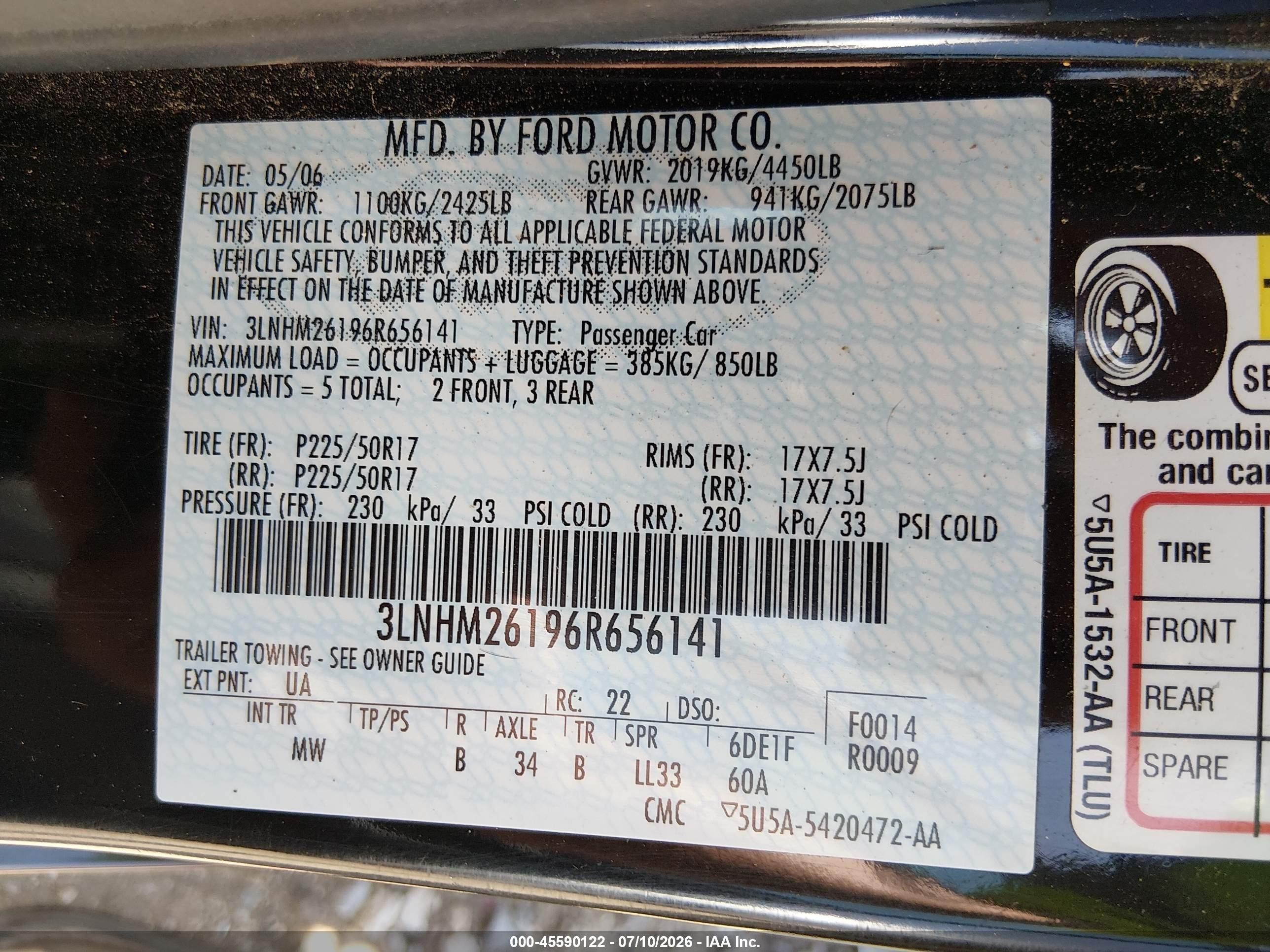 2006 Lincoln Zephyr   Черный vin: 3LNHM26196R656141