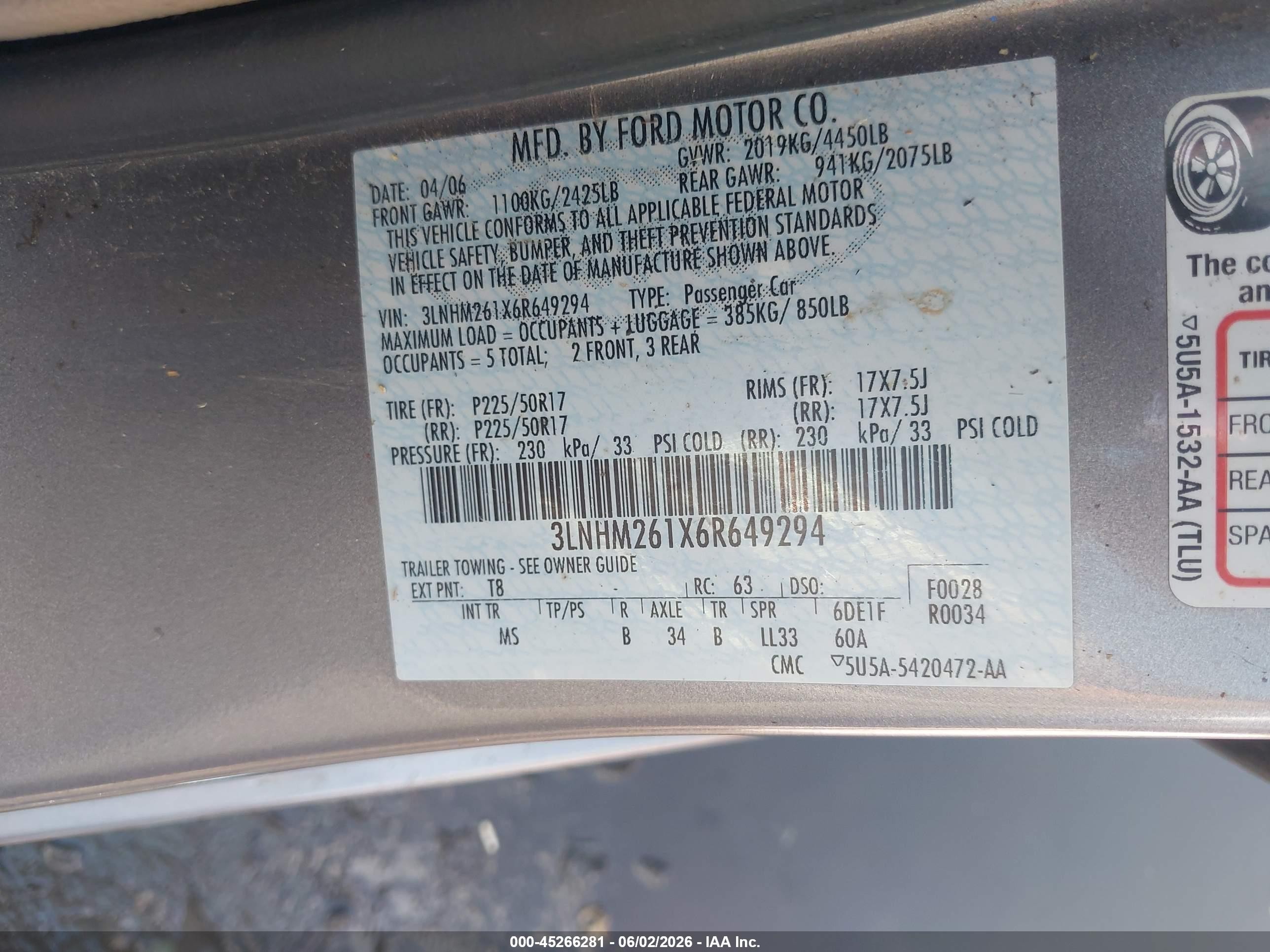 2006 Lincoln Zephyr   Gray vin: 3LNHM261X6R649294