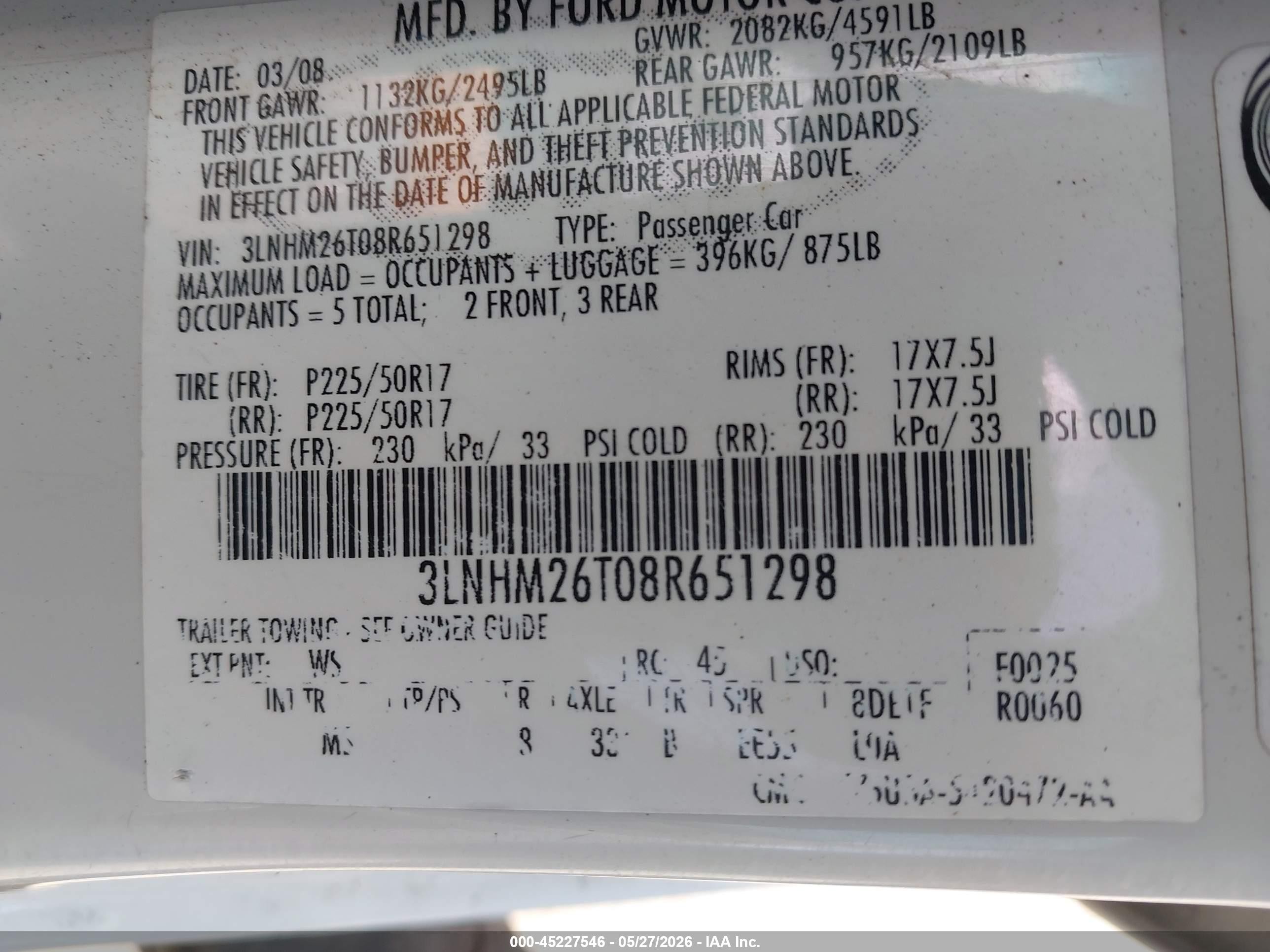 2008 Lincoln Mkz   White vin: 3LNHM26T08R651298
