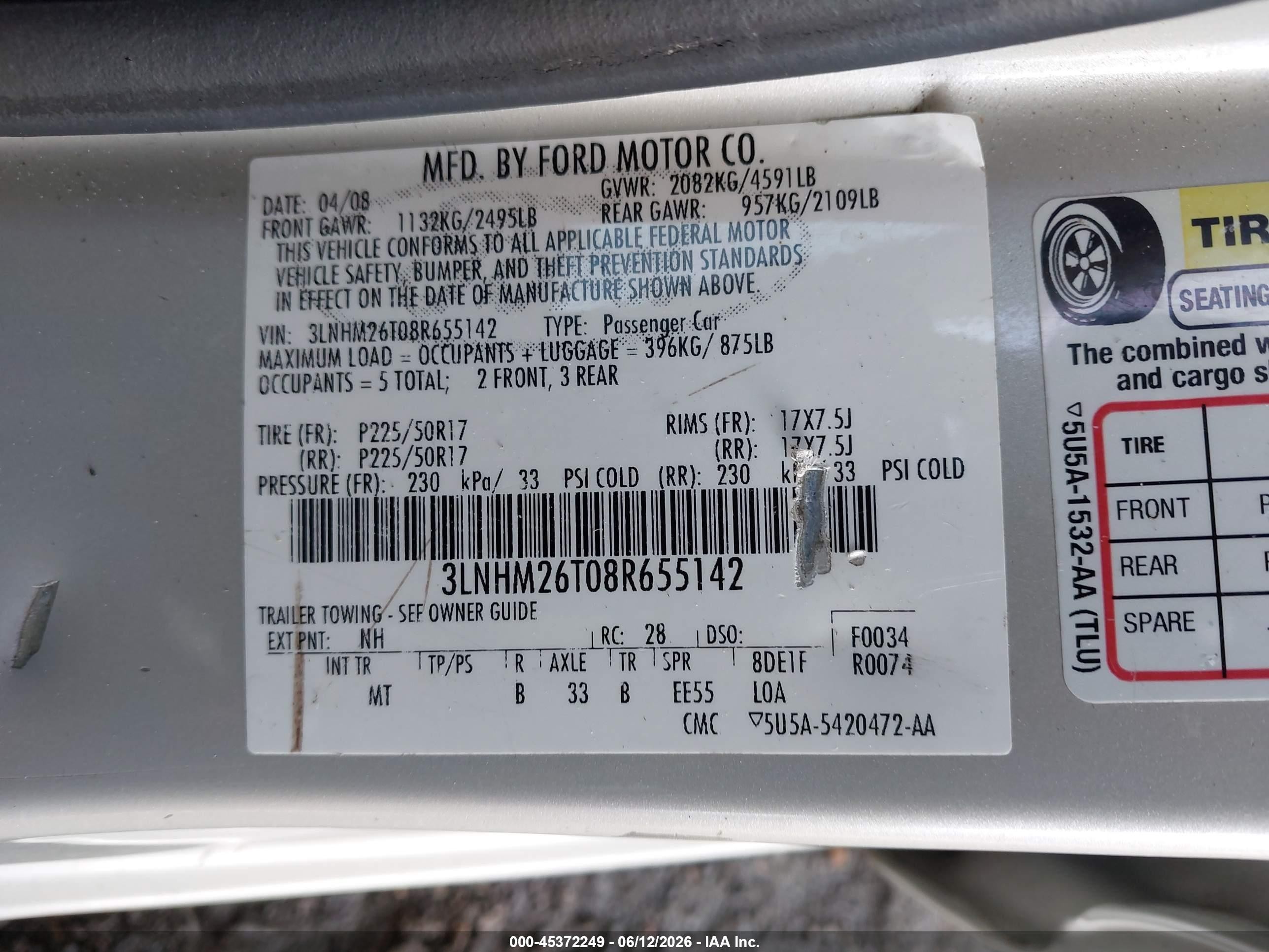 2008 Lincoln Mkz   Beige vin: 3LNHM26T08R655142