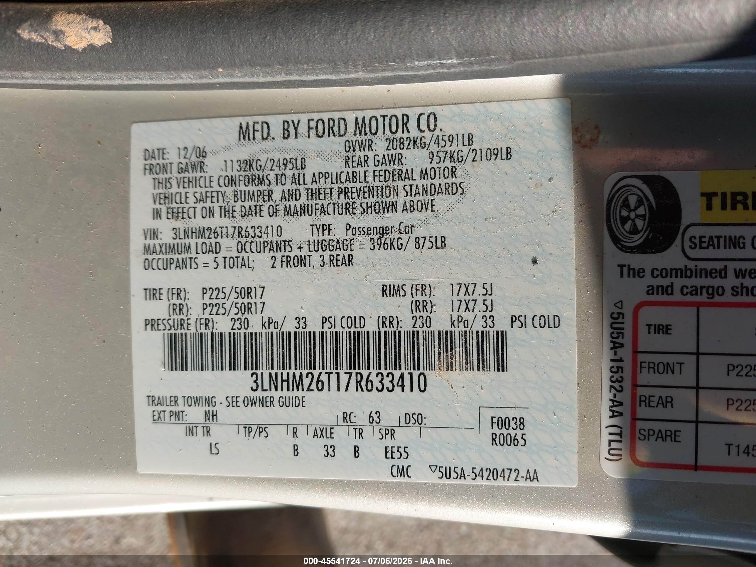 2007 Lincoln Mkz   Beige vin: 3LNHM26T17R633410