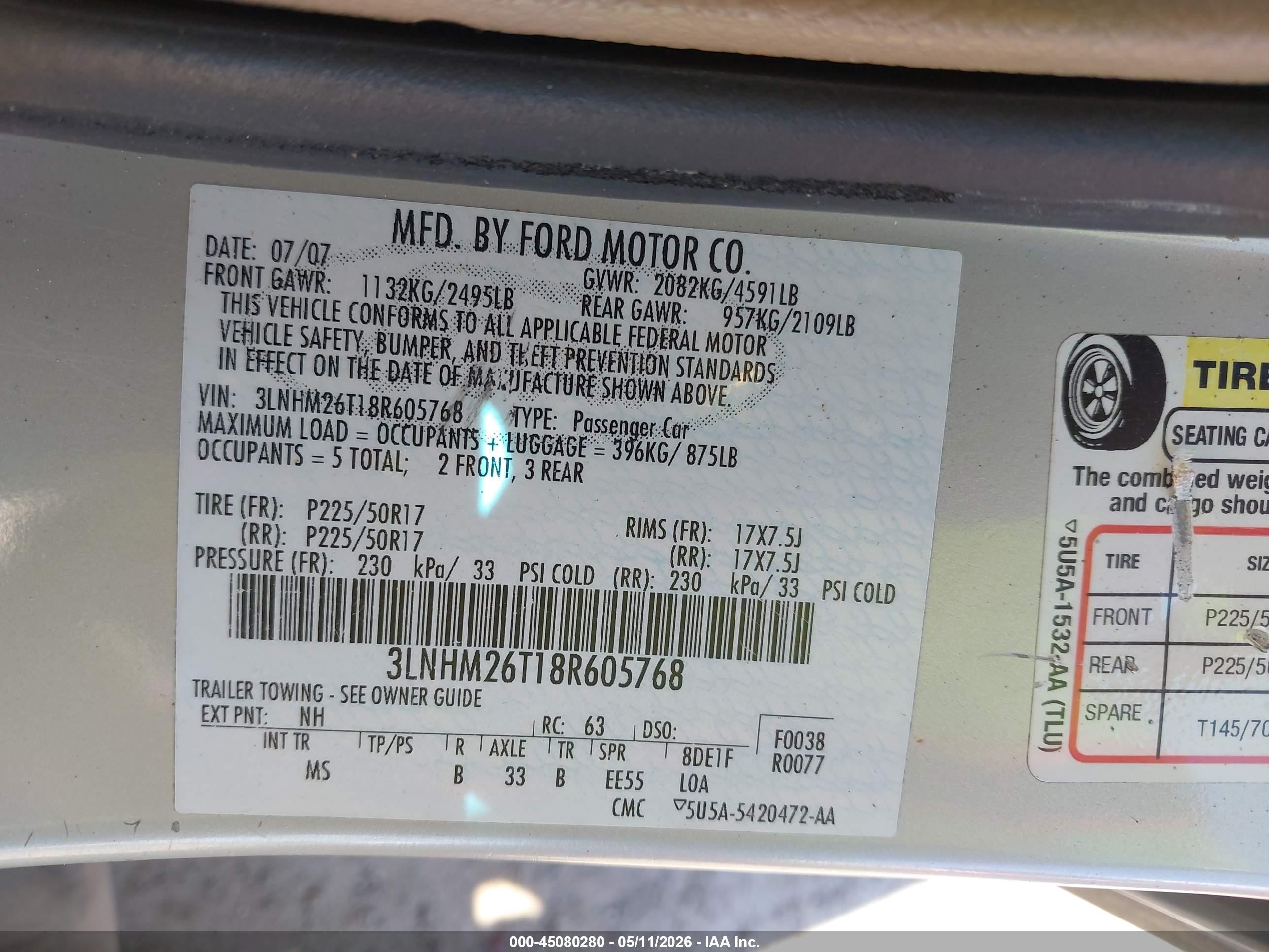 2008 Lincoln Mkz   Tan vin: 3LNHM26T18R605768