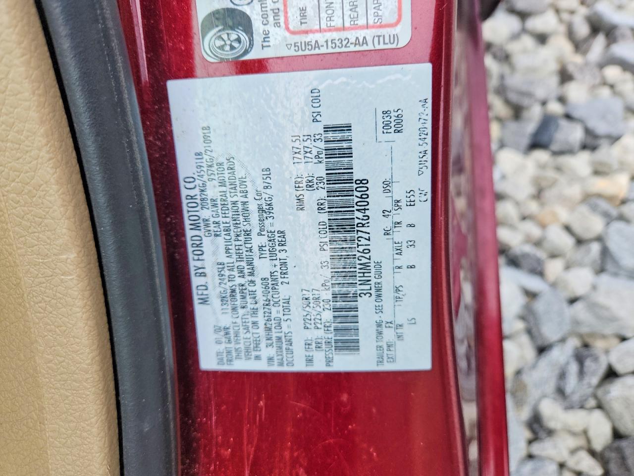 2007 Lincoln Mkz Burgundy vin: 3LNHM26T27R640608