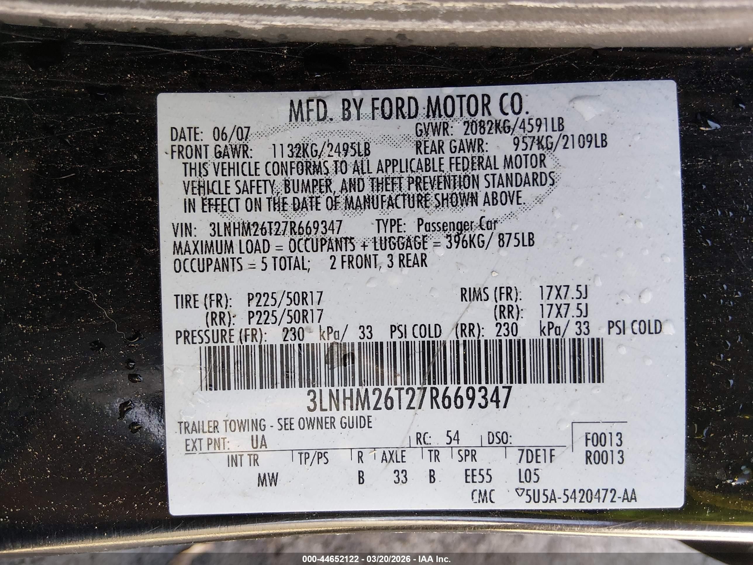 2007 Lincoln Mkz   Black vin: 3LNHM26T27R669347