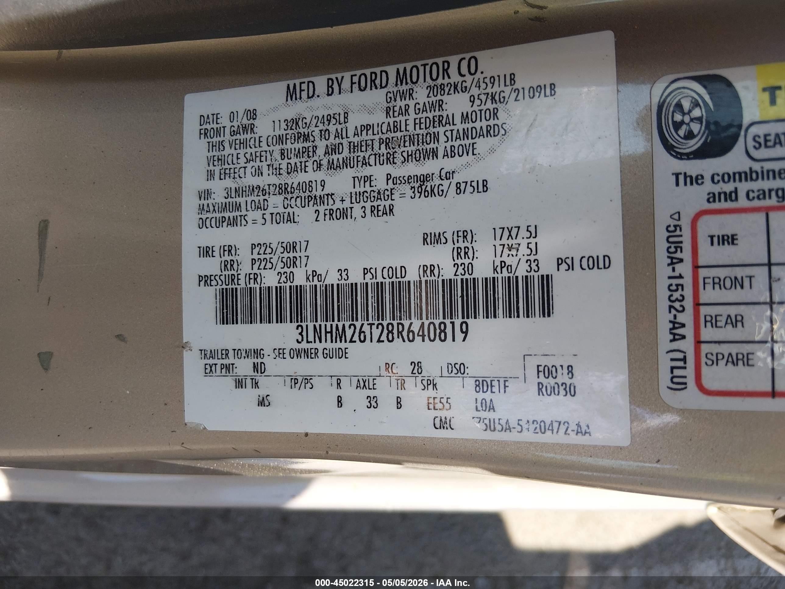 2008 Lincoln Mkz   Beige vin: 3LNHM26T28R640819