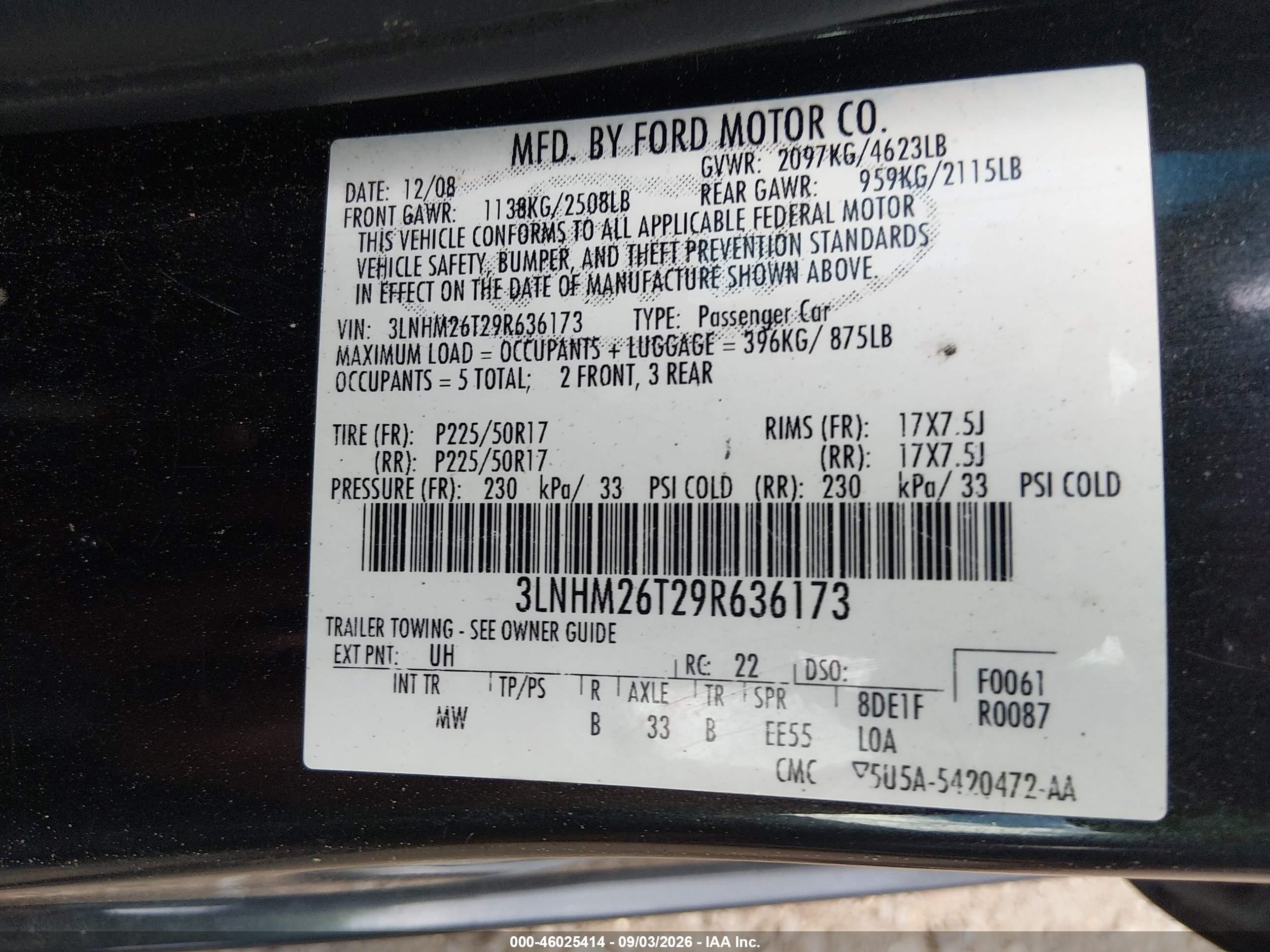 2009 Lincoln Mkz   Black vin: 3LNHM26T29R636173