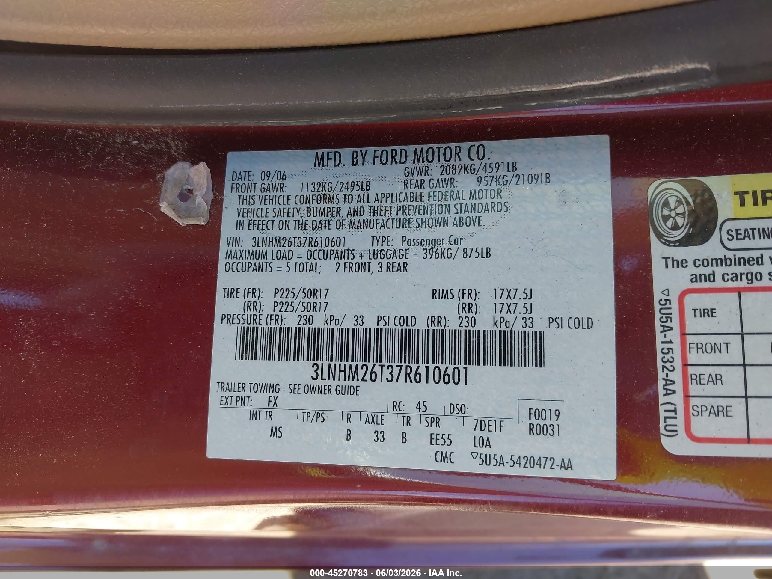 2007 Lincoln Mkz   Burgundy vin: 3LNHM26T37R610601