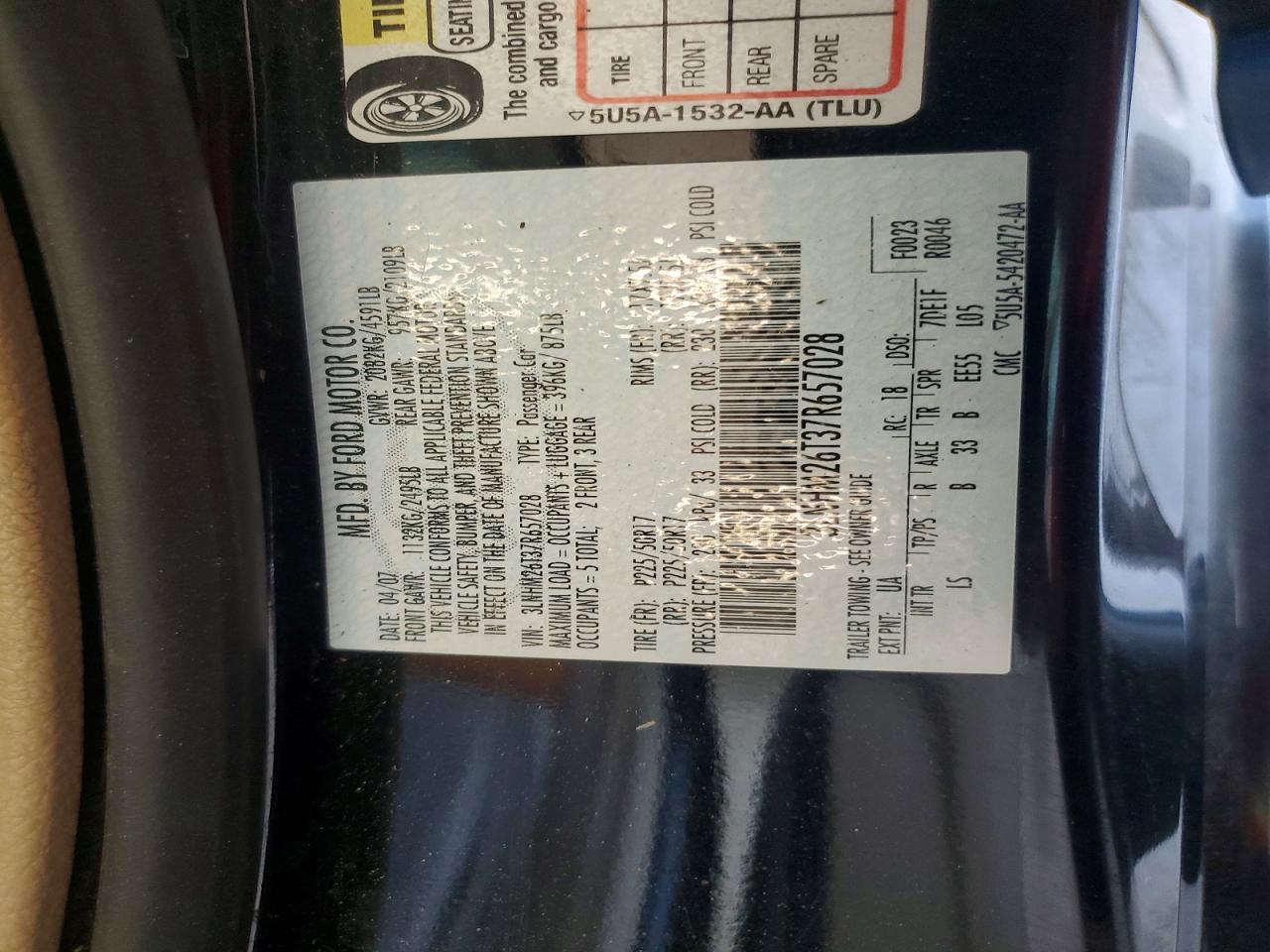 2007 Lincoln Mkz Black vin: 3LNHM26T37R657028