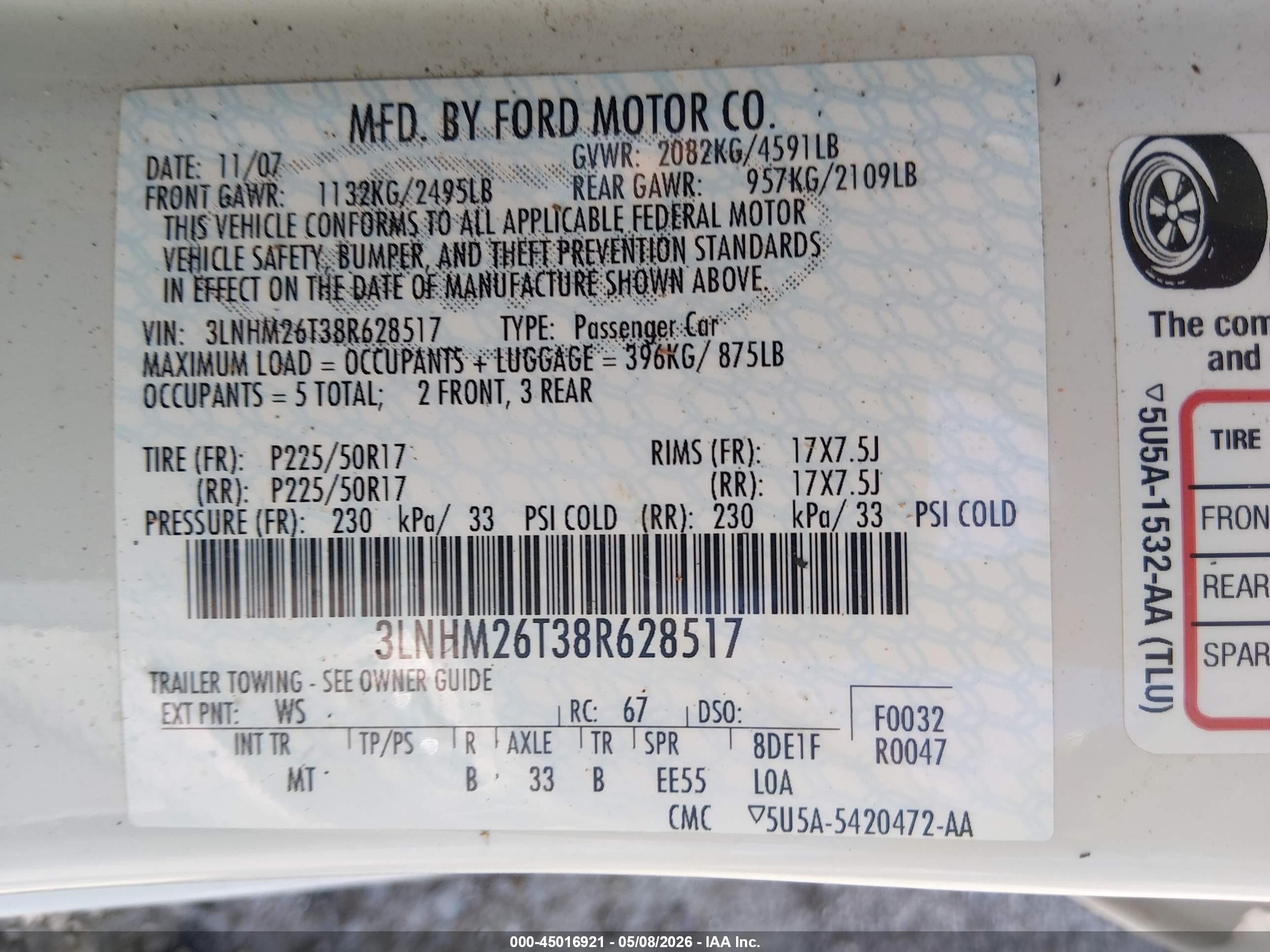2008 Lincoln Mkz   Белый vin: 3LNHM26T38R628517