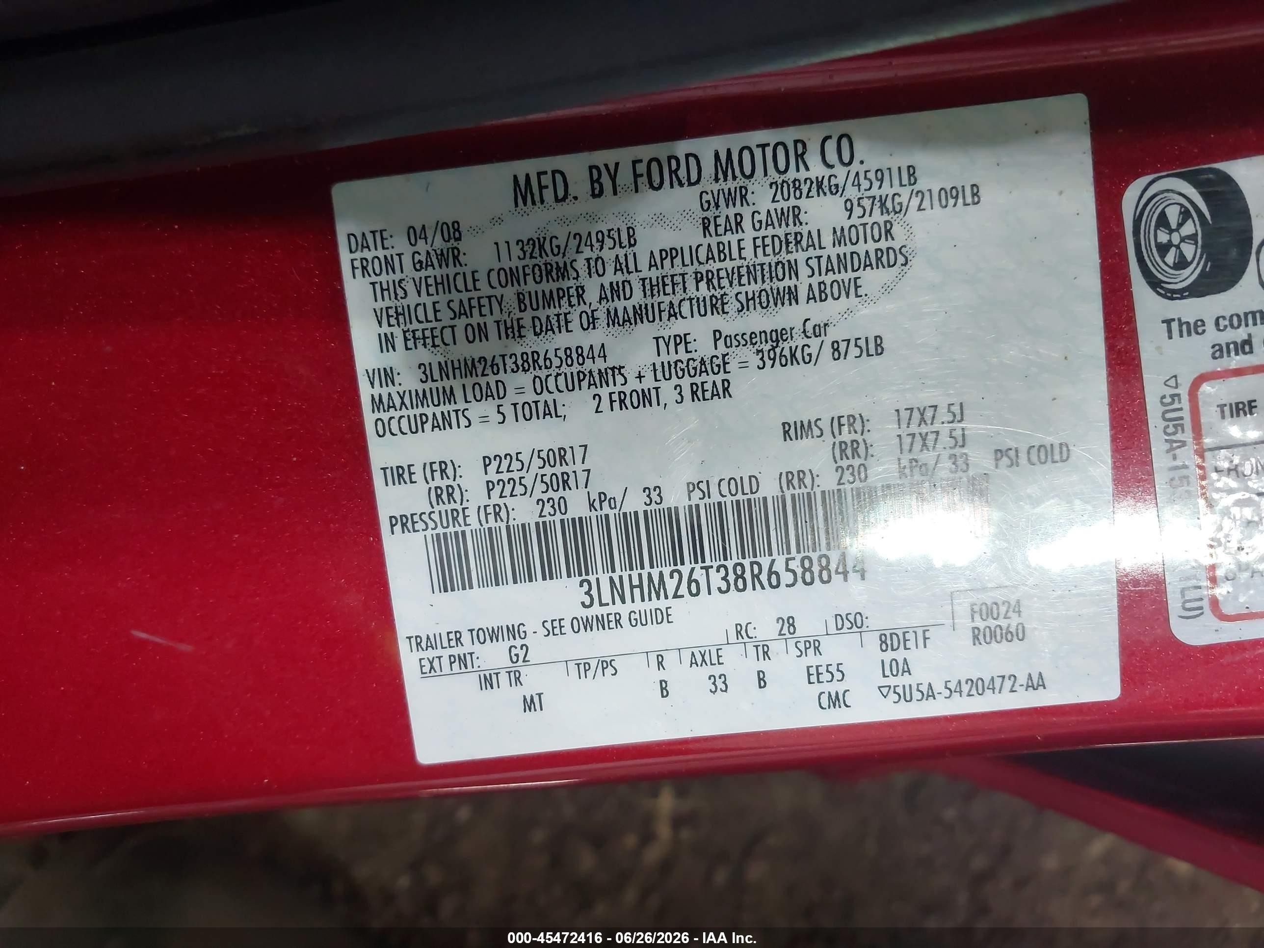 2008 Lincoln Mkz   Red vin: 3LNHM26T38R658844
