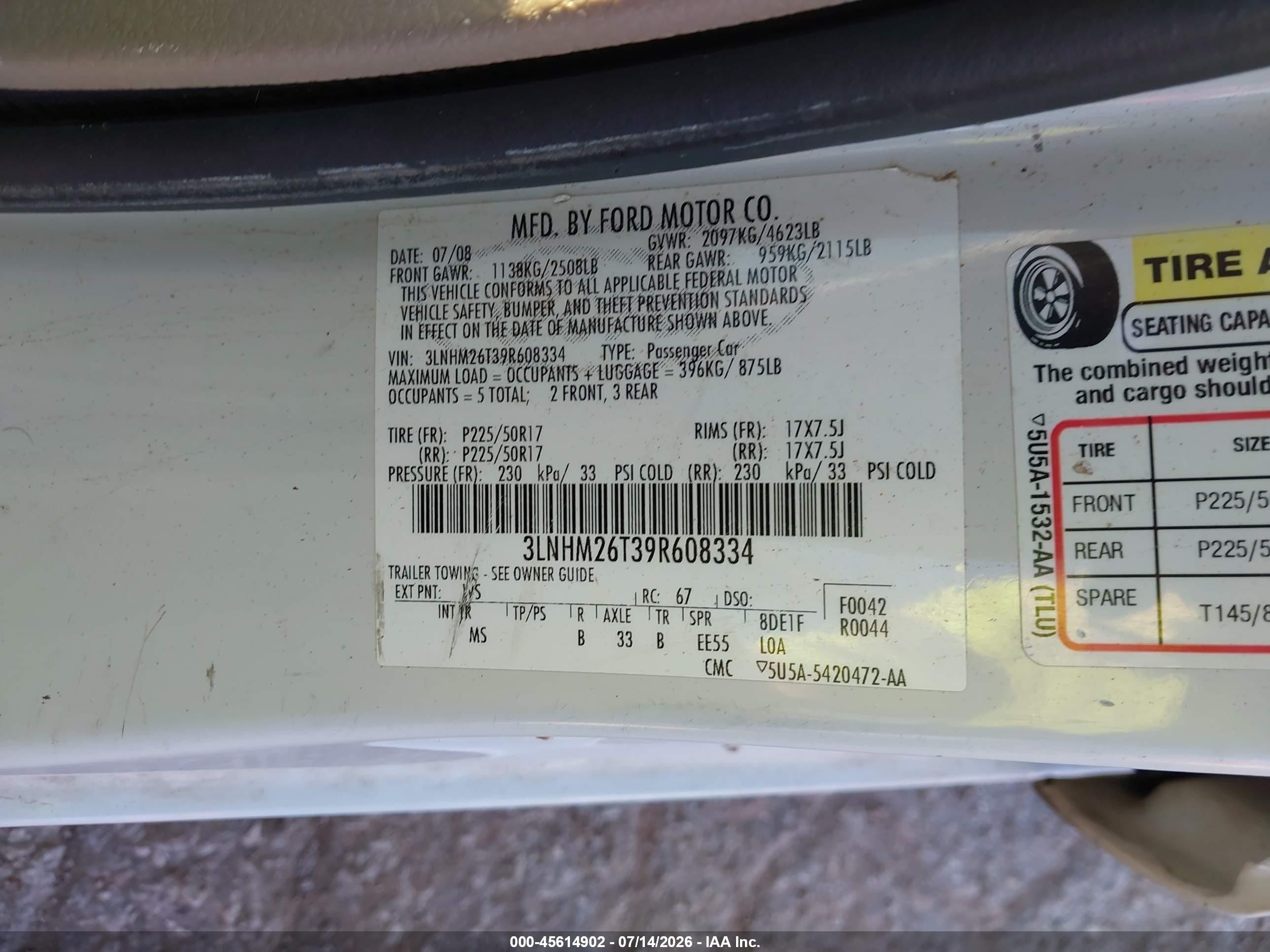 2009 Lincoln Mkz   White vin: 3LNHM26T39R608334