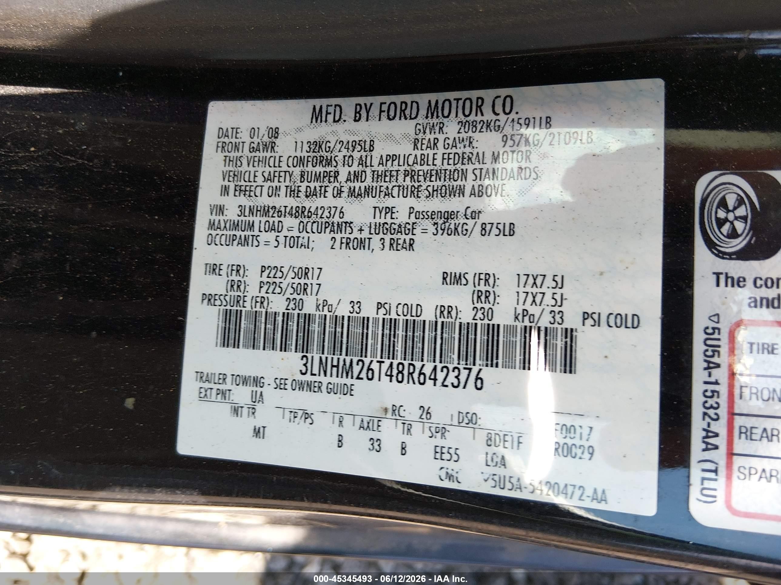2008 Lincoln Mkz   Black vin: 3LNHM26T48R642376