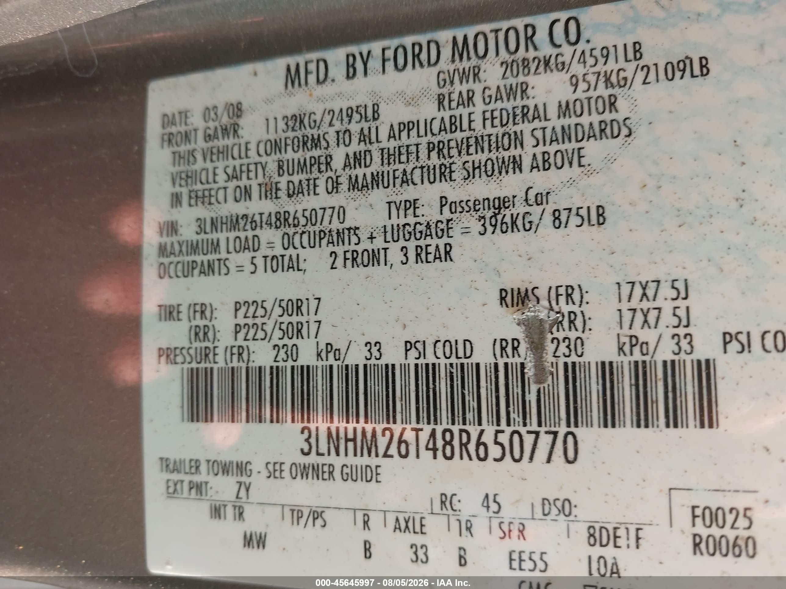 2008 Lincoln Mkz   Gold vin: 3LNHM26T48R650770