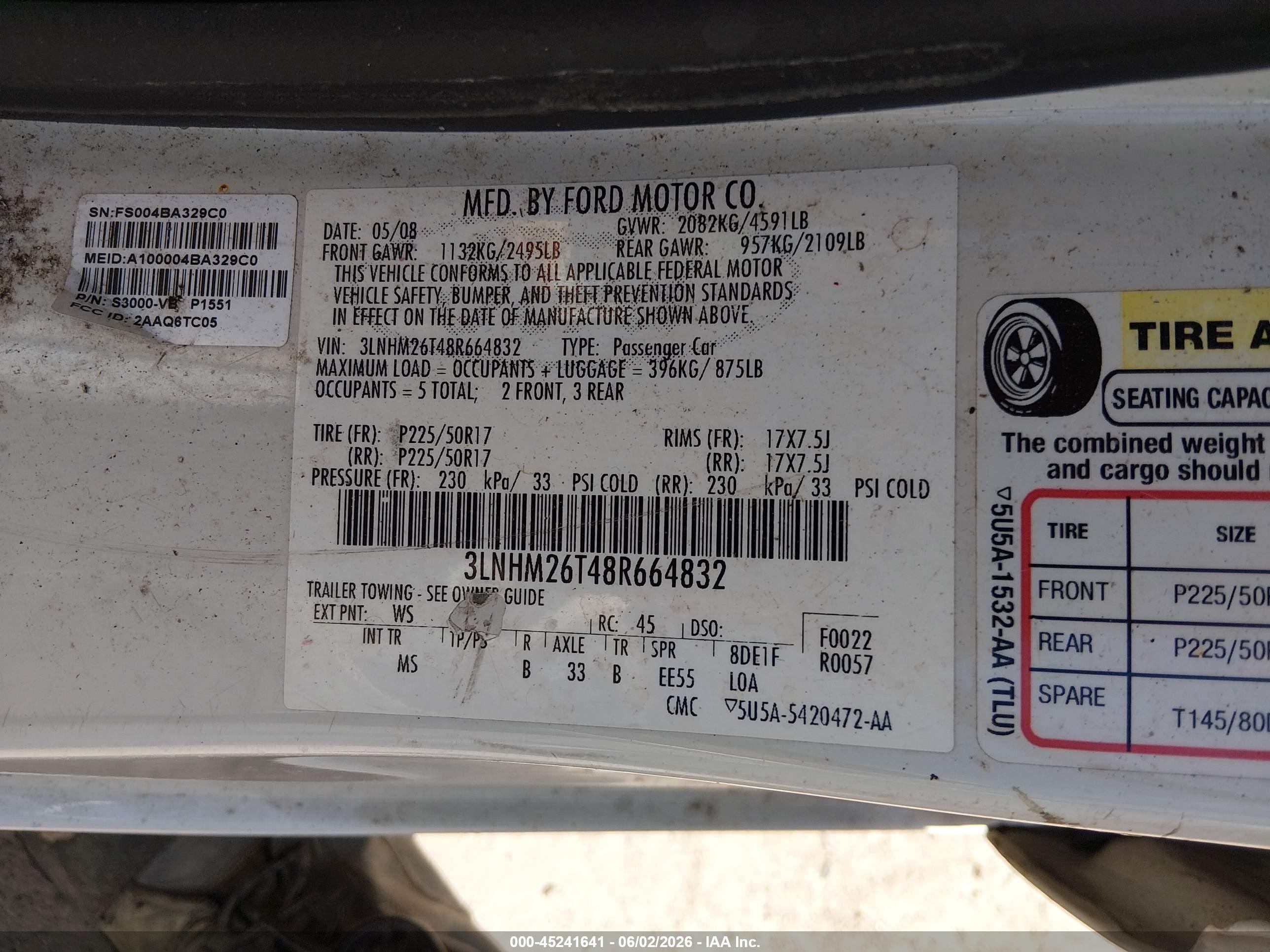 2008 Lincoln Mkz   White vin: 3LNHM26T48R664832