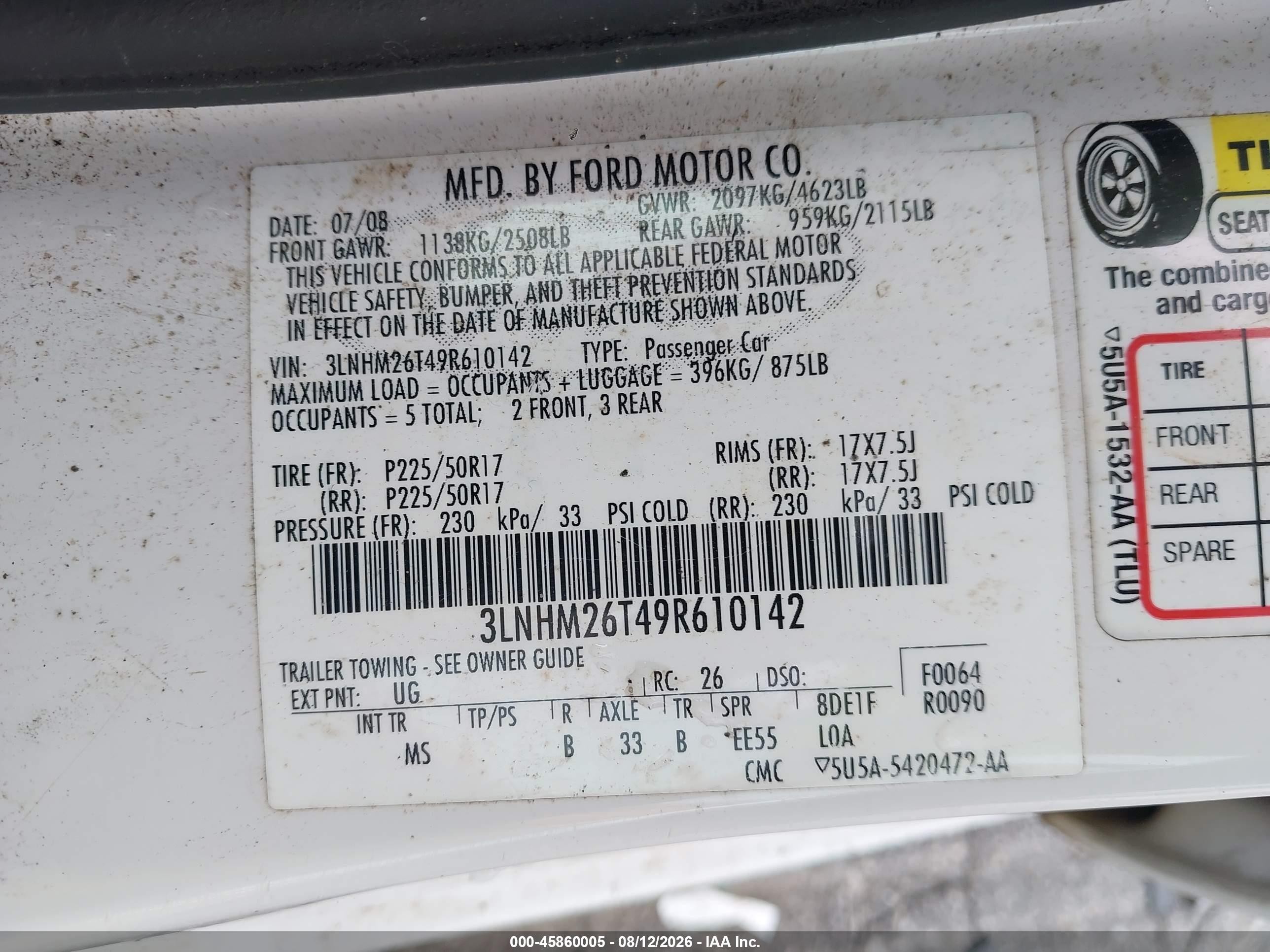 2009 Lincoln Mkz   White vin: 3LNHM26T49R610142