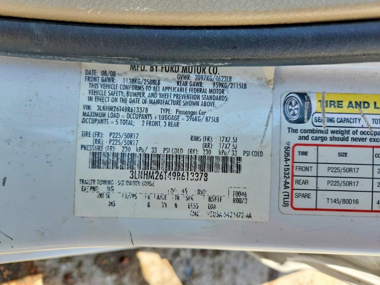 2009 Lincoln Mkz White vin: 3LNHM26T49R613378