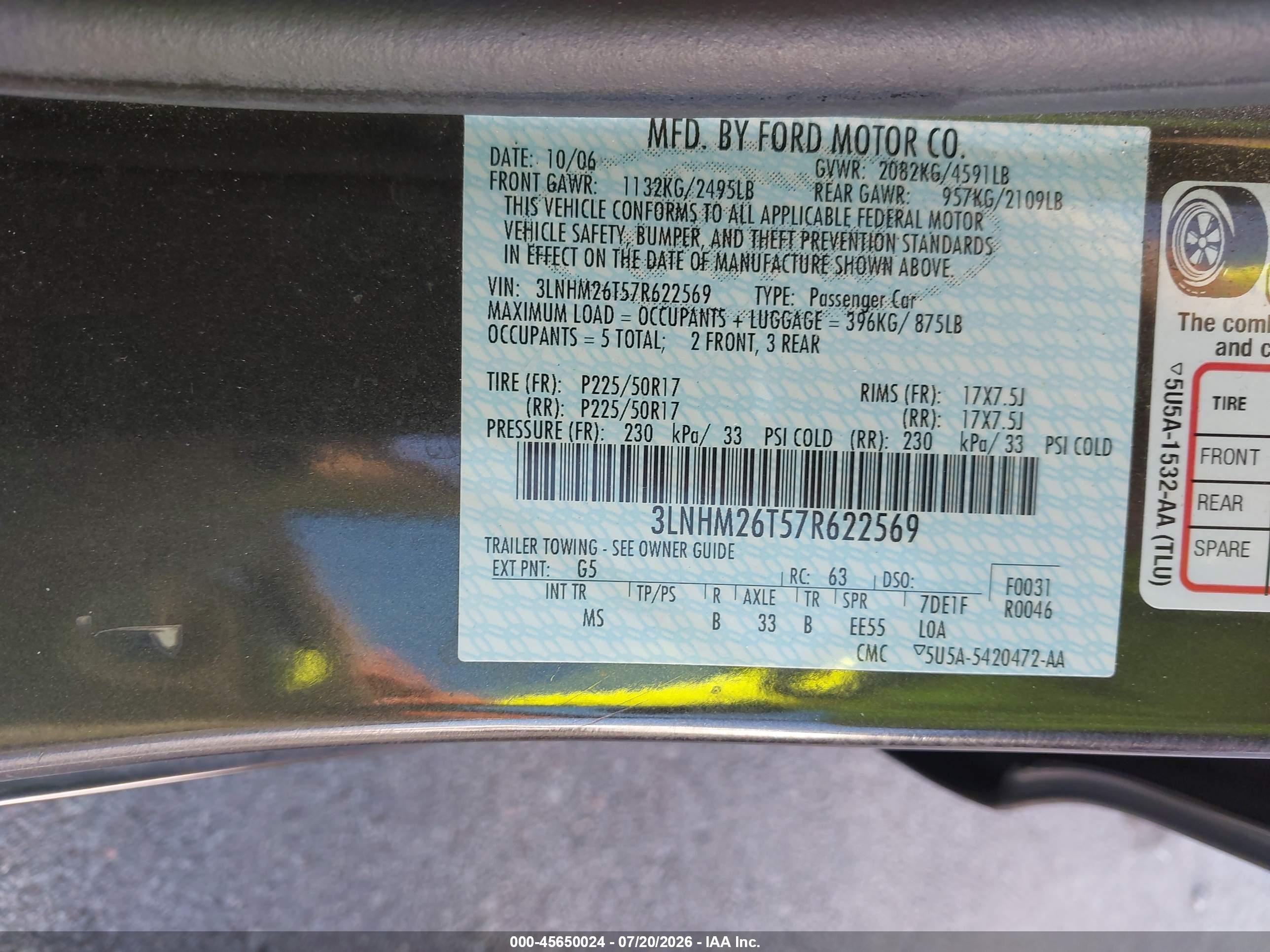 2007 Lincoln Mkz   Black vin: 3LNHM26T57R622569