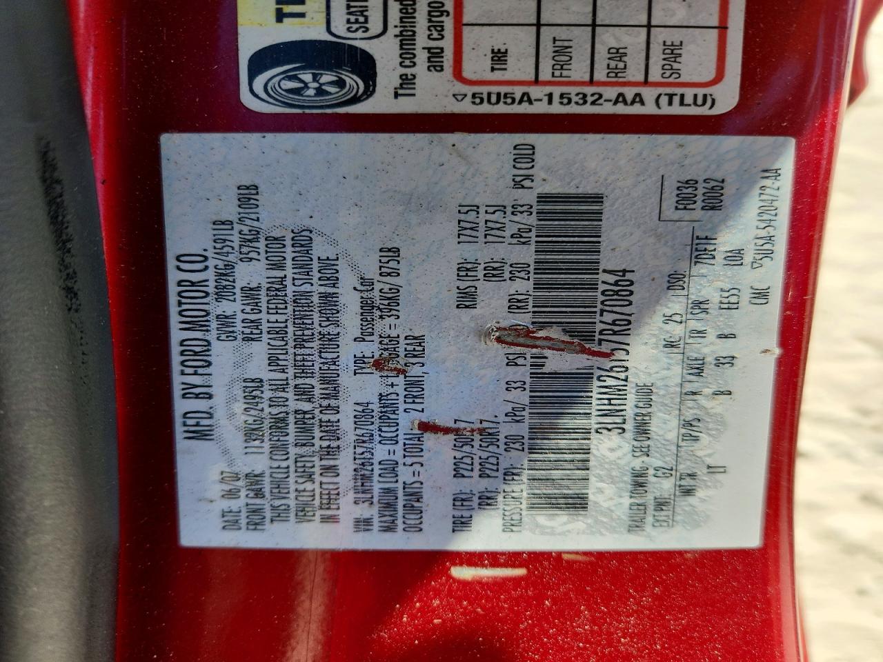 2007 Lincoln Mkz Red vin: 3LNHM26T57R670864